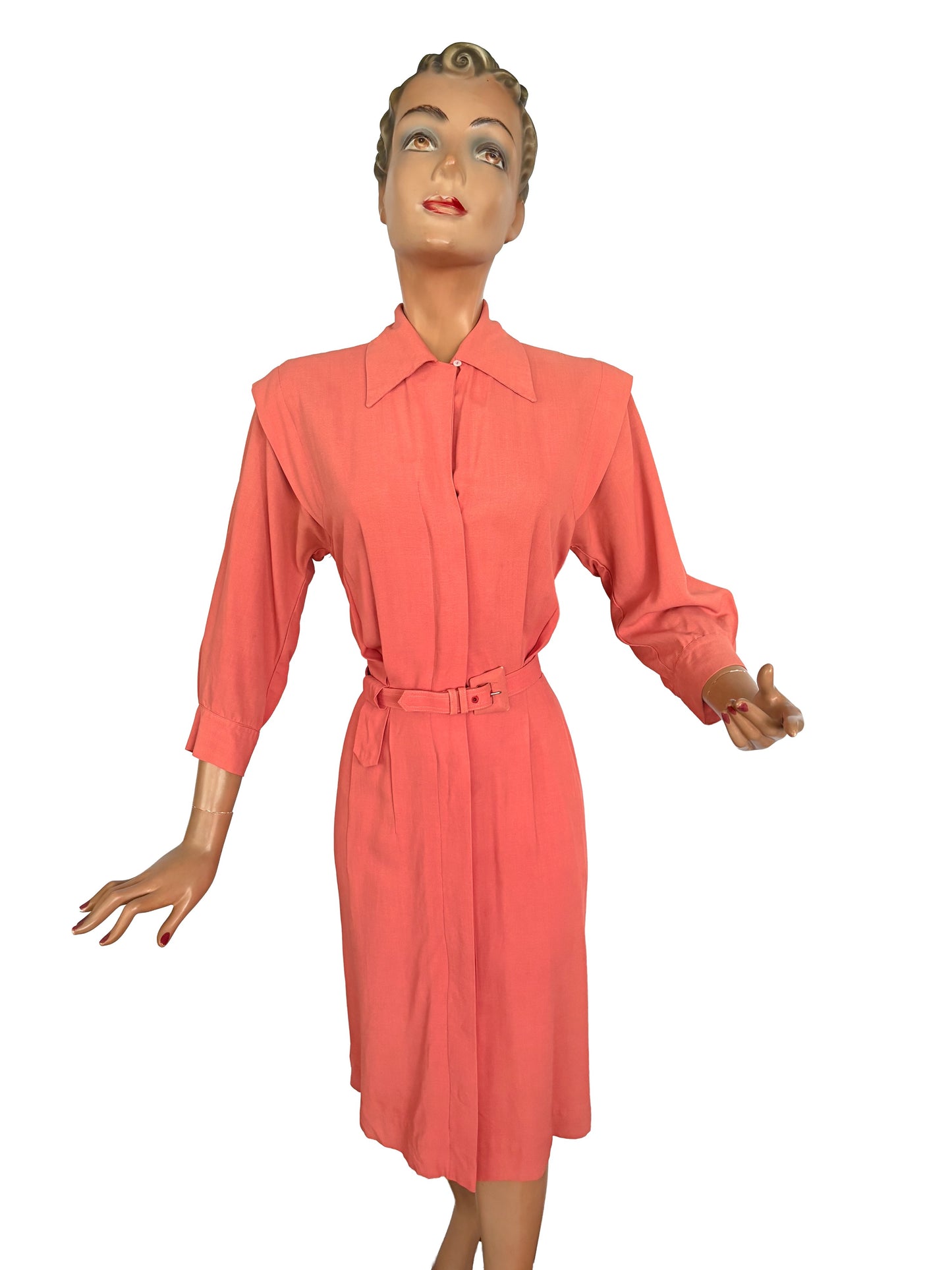S | 1940s 1950s Flamingo Pink Gabardine Dress