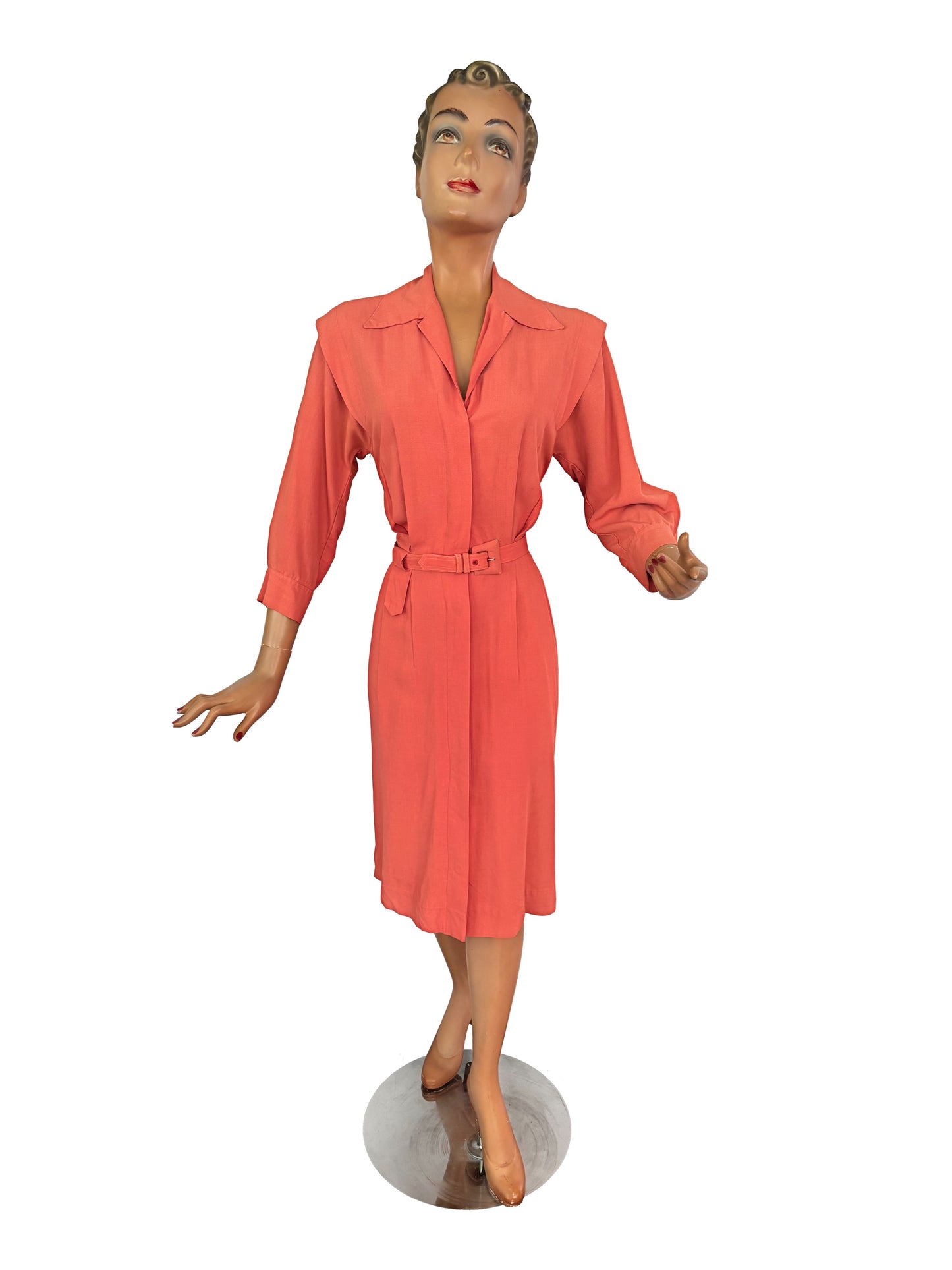 S | 1940s 1950s Flamingo Pink Gabardine Dress