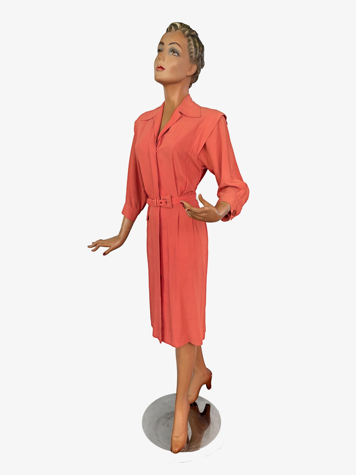 S | 1940s 1950s Flamingo Pink Gabardine Dress