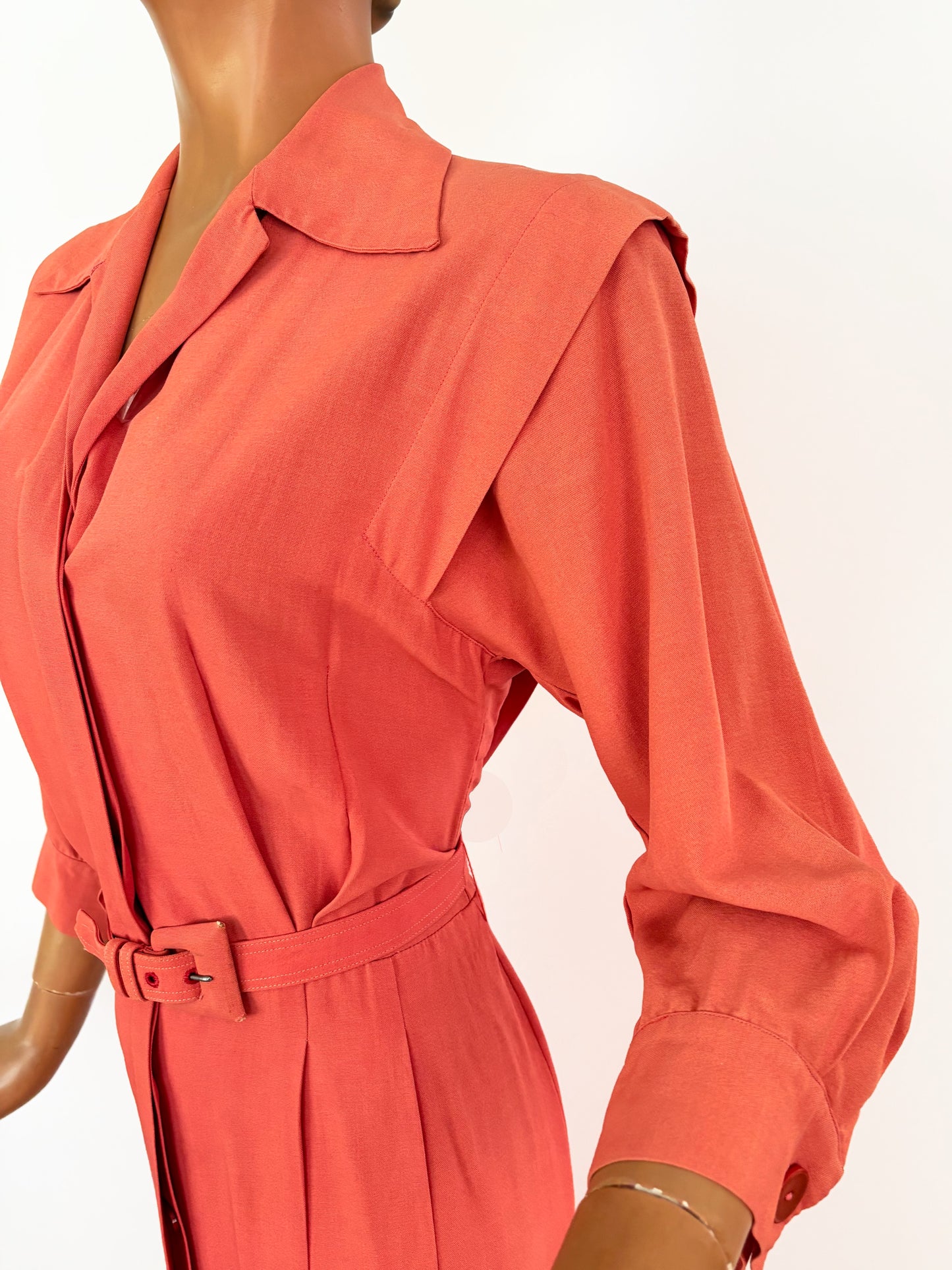 S | 1940s 1950s Flamingo Pink Gabardine Dress