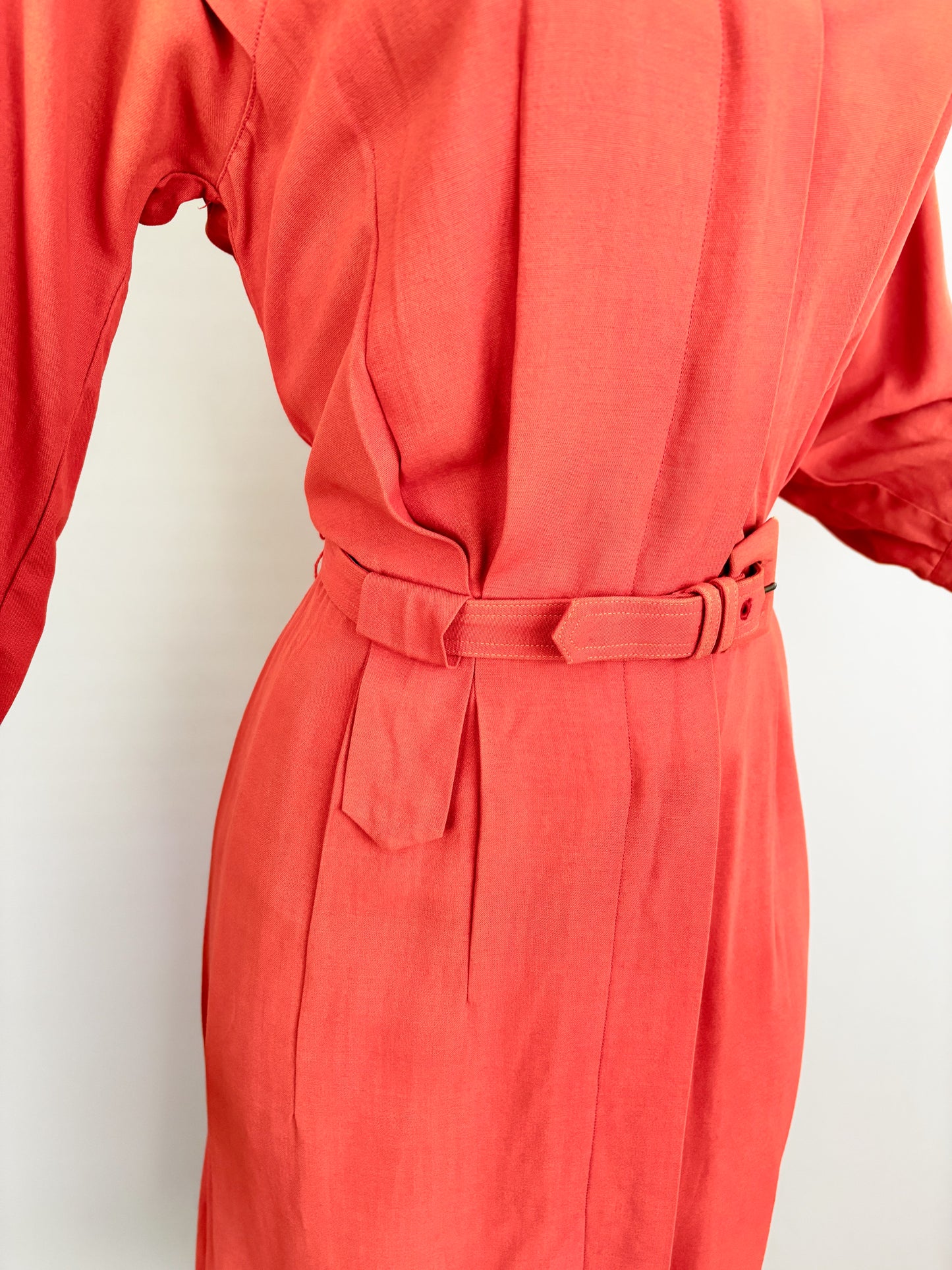 S | 1940s 1950s Flamingo Pink Gabardine Dress