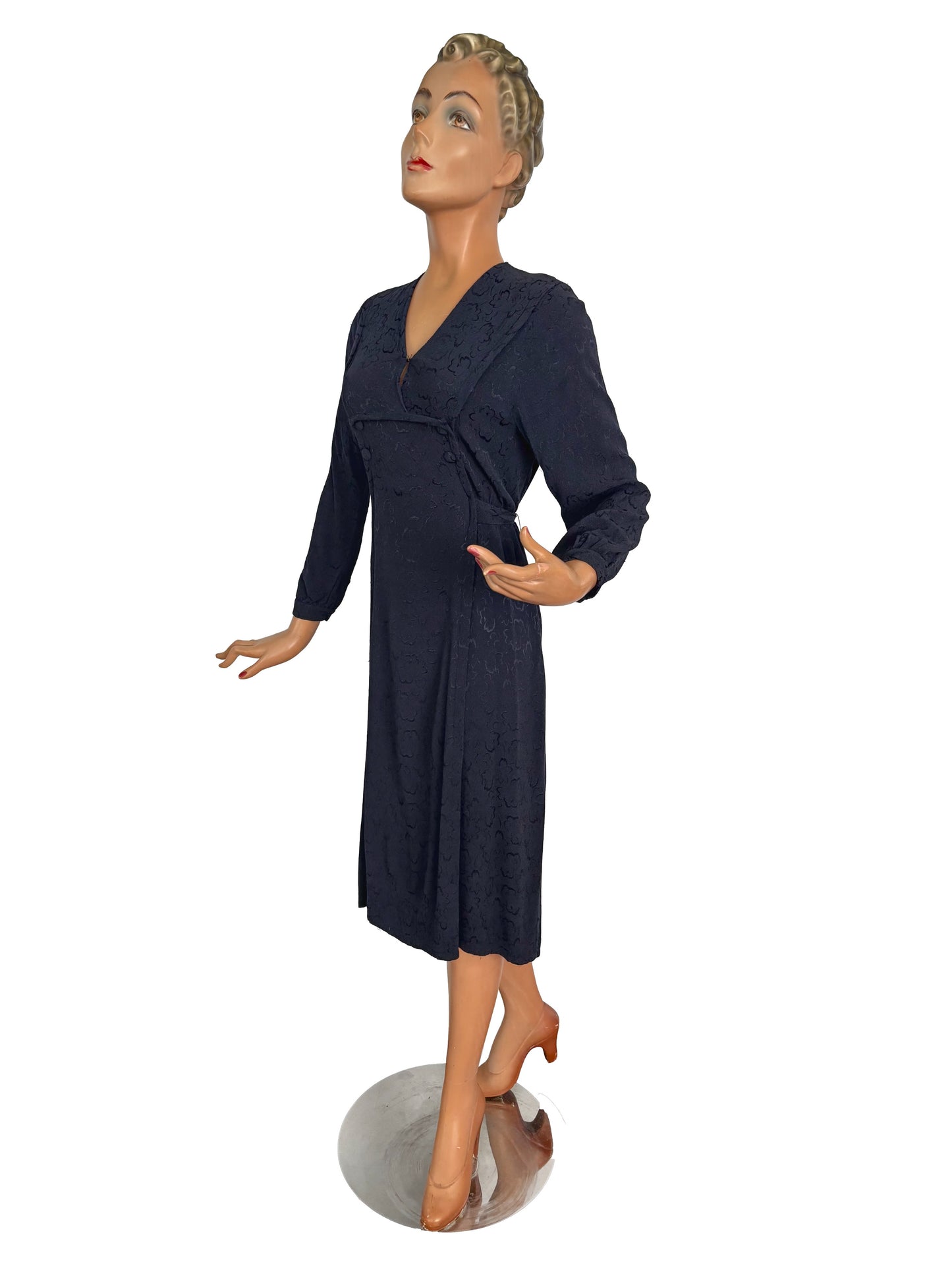 L | 1940s Navy Crepe Dress With Floral Motif