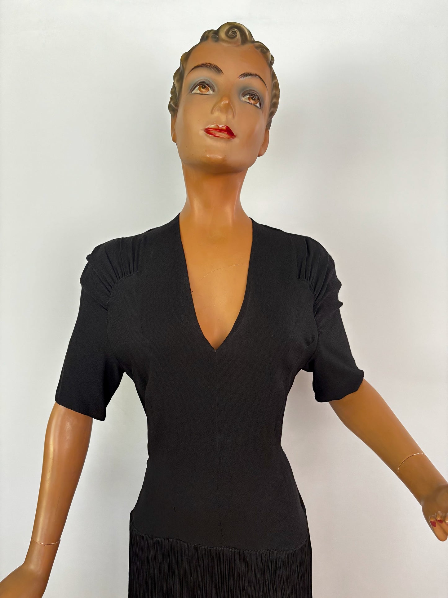 S M | 1940s New York Creation Black Crepe Fringe Evening Dress
