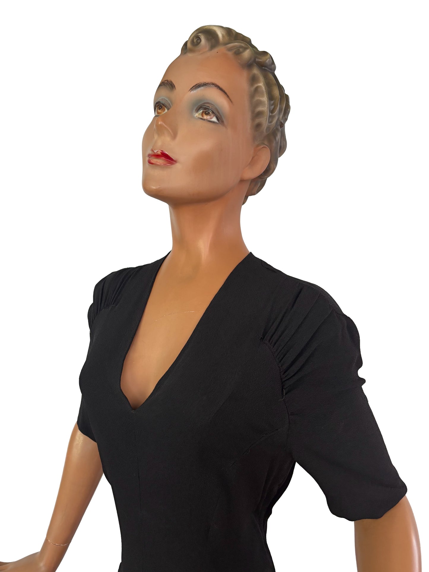 S M | 1940s New York Creation Black Crepe Fringe Evening Dress