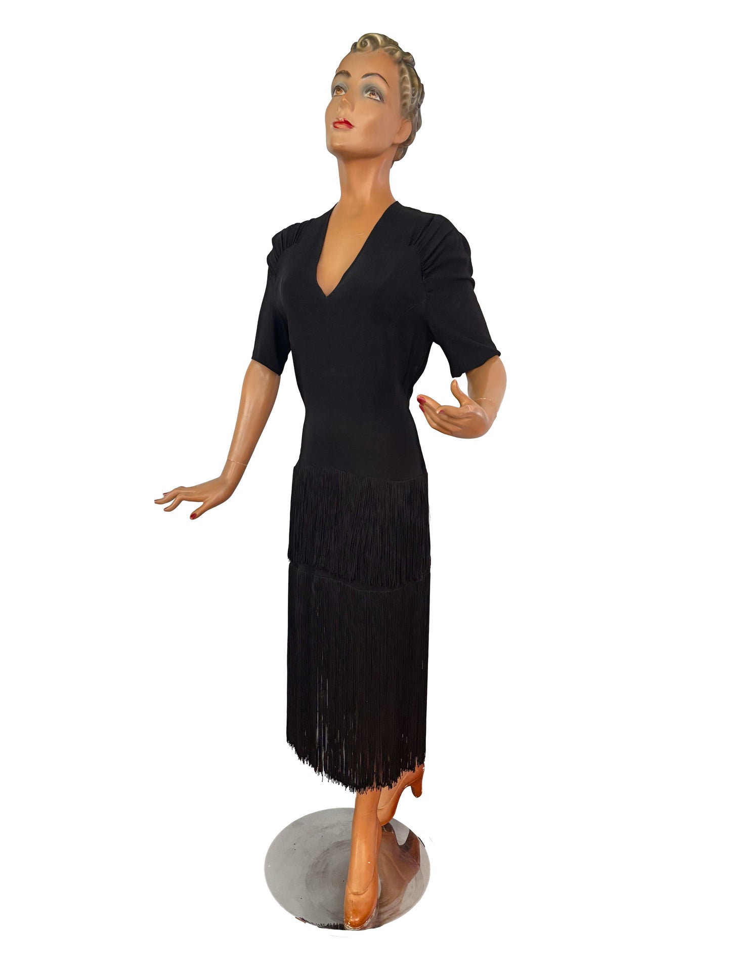 S M | 1940s New York Creation Black Crepe Fringe Evening Dress