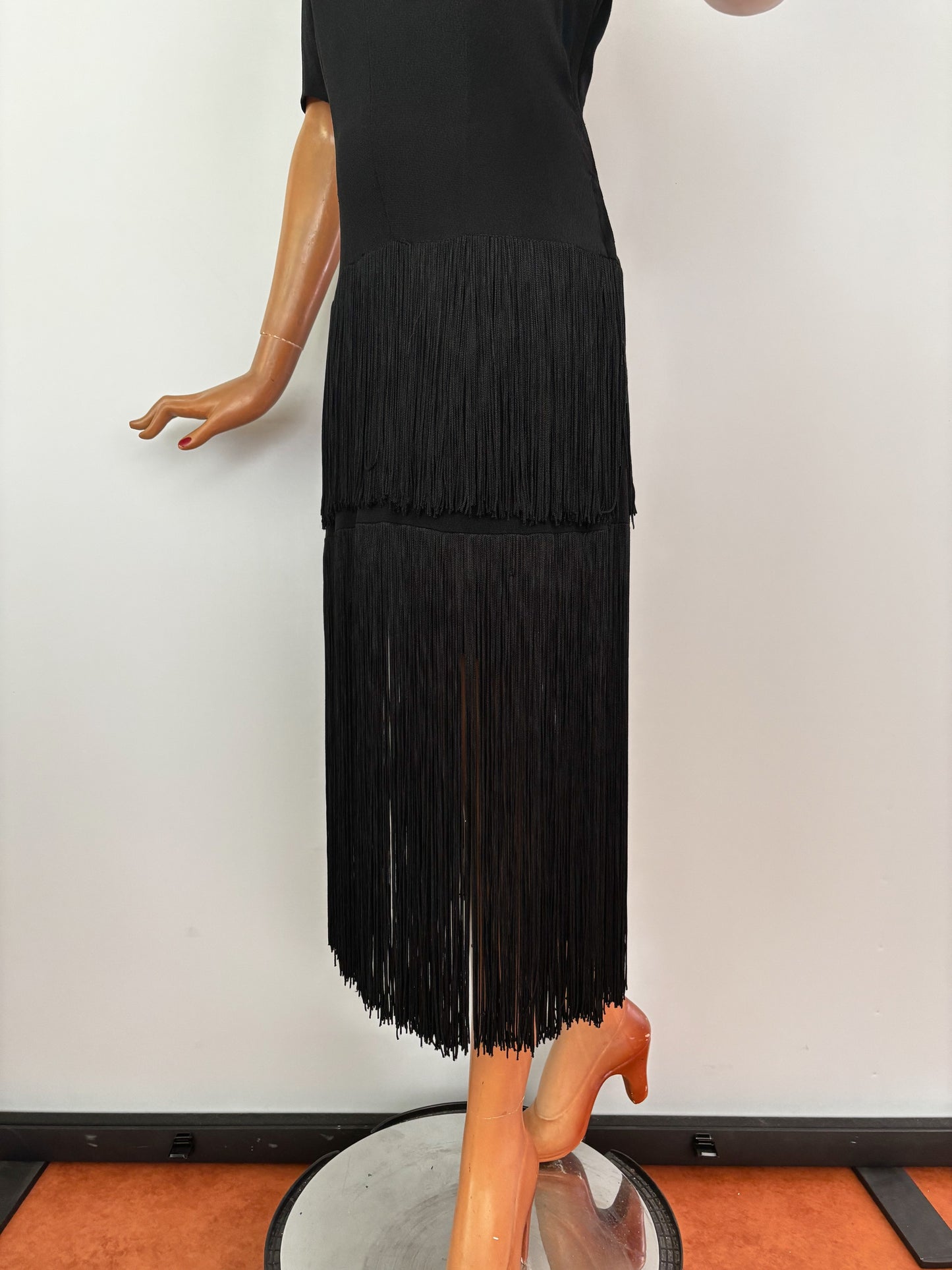 S M | 1940s New York Creation Black Crepe Fringe Evening Dress