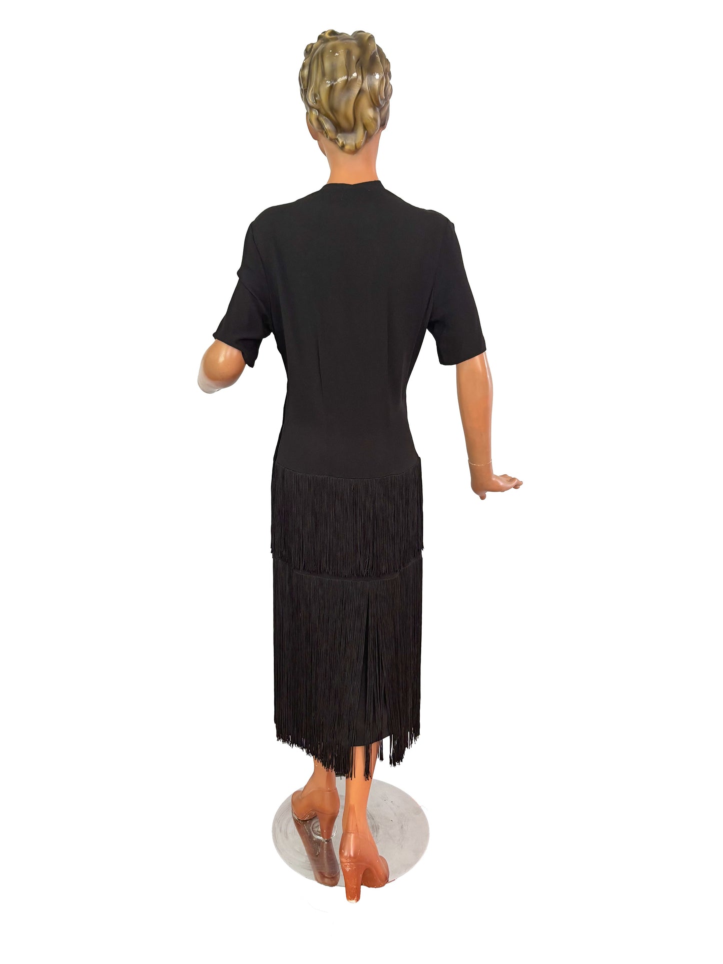 S M | 1940s New York Creation Black Crepe Fringe Evening Dress