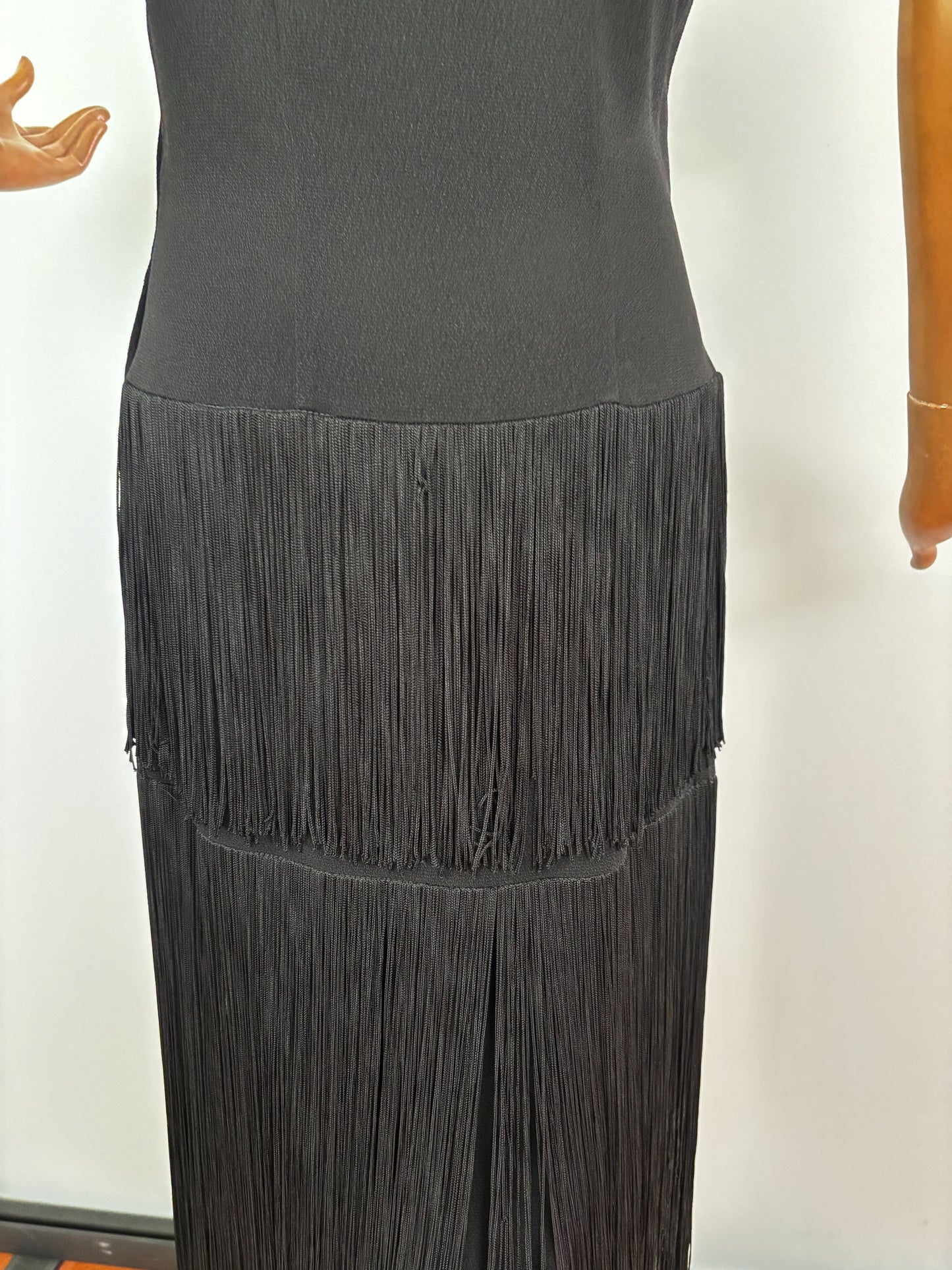 S M | 1940s New York Creation Black Crepe Fringe Evening Dress