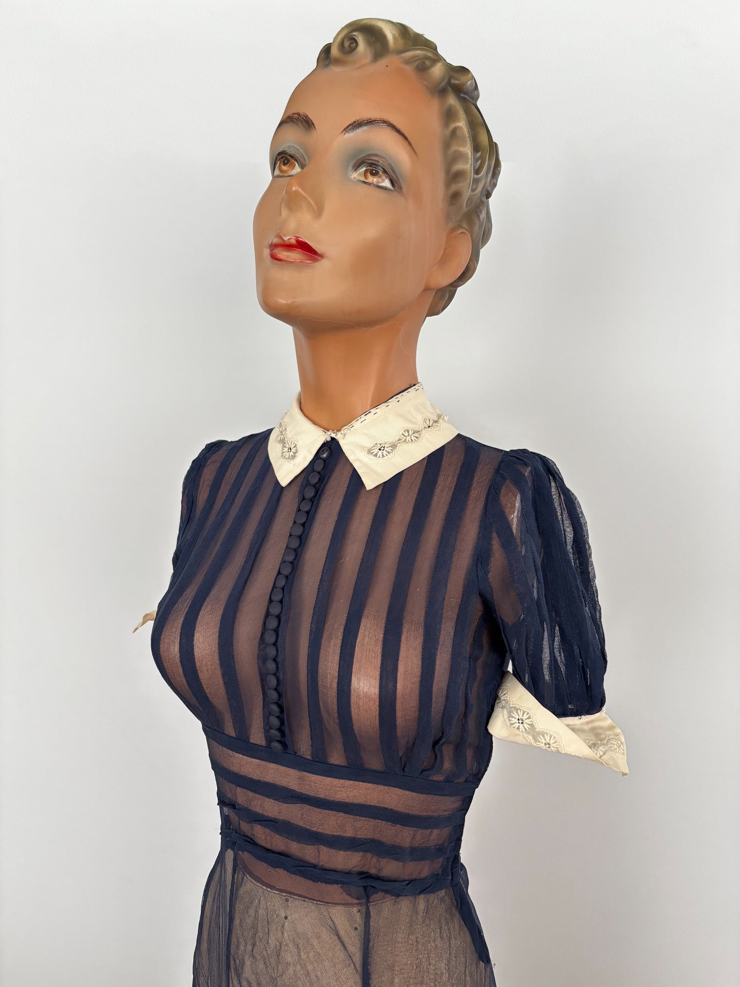 XXS | 1920s 30s Navy Blue Sheer Organza Dress With White Collar And Cuffs