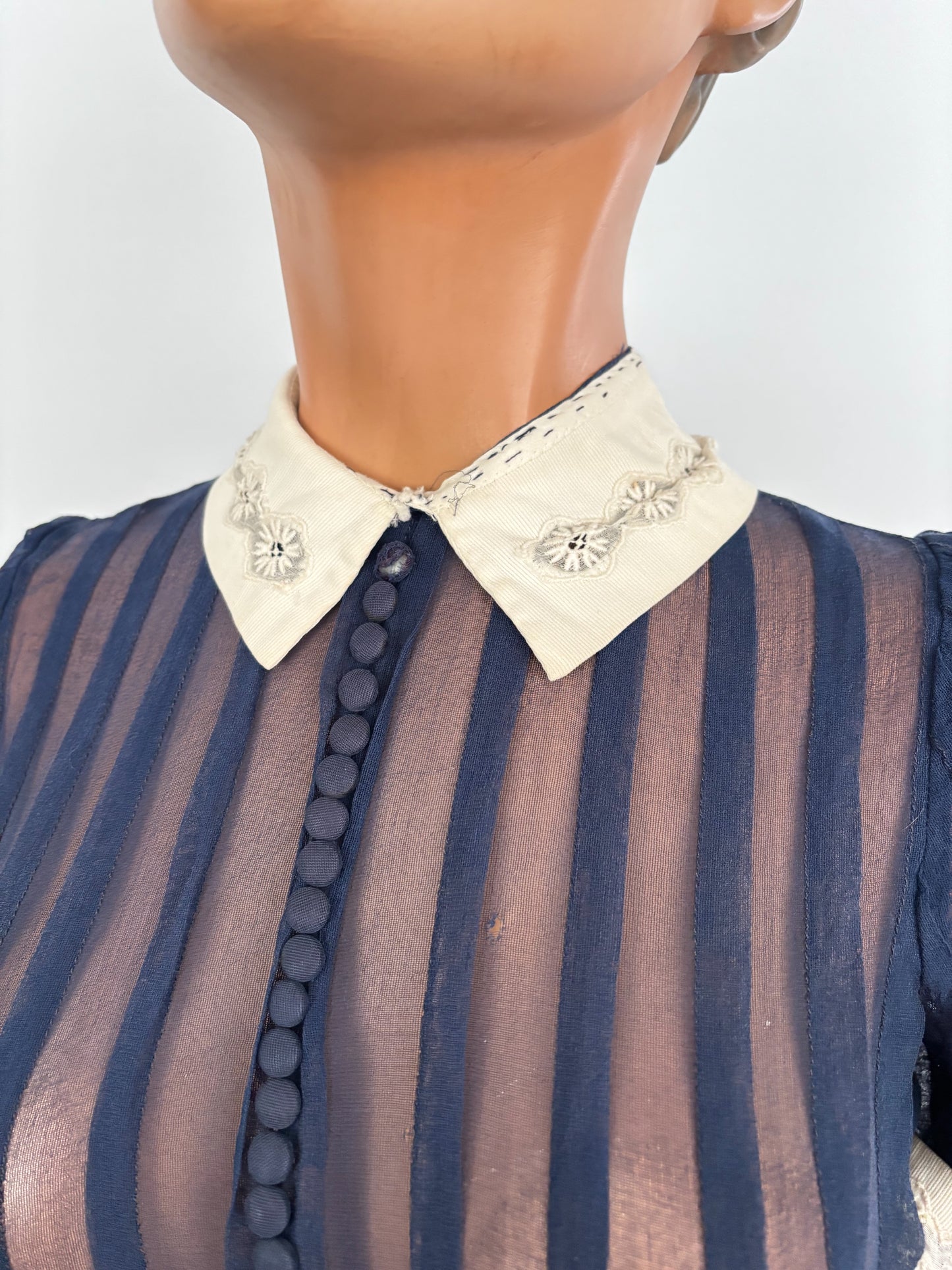 XXS | 1920s 30s Navy Blue Sheer Organza Dress With White Collar And Cuffs