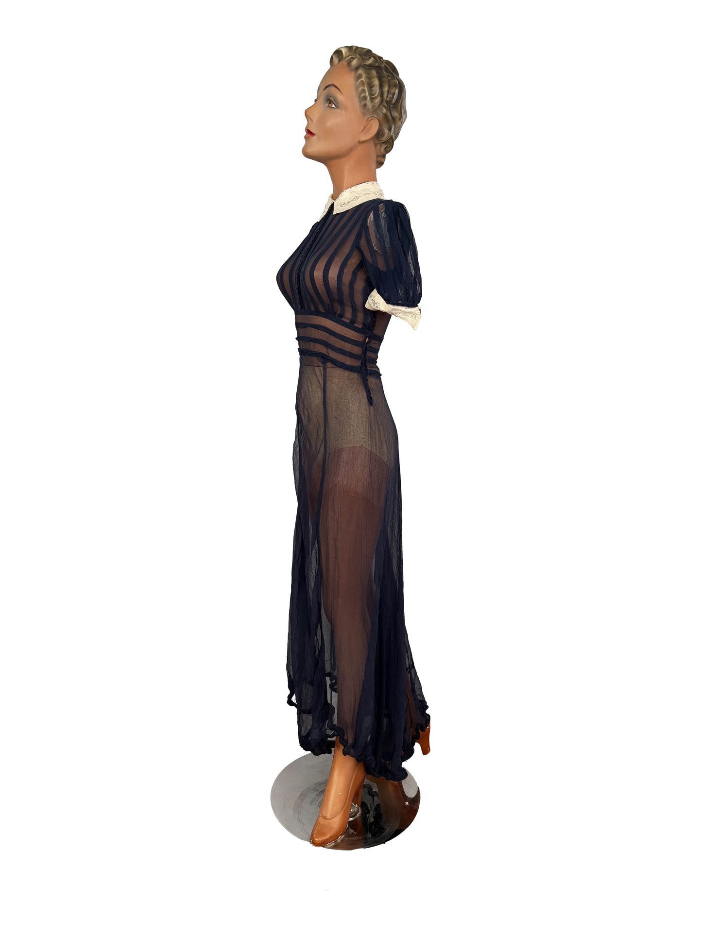 XXS | 1920s 30s Navy Blue Sheer Organza Dress With White Collar And Cuffs