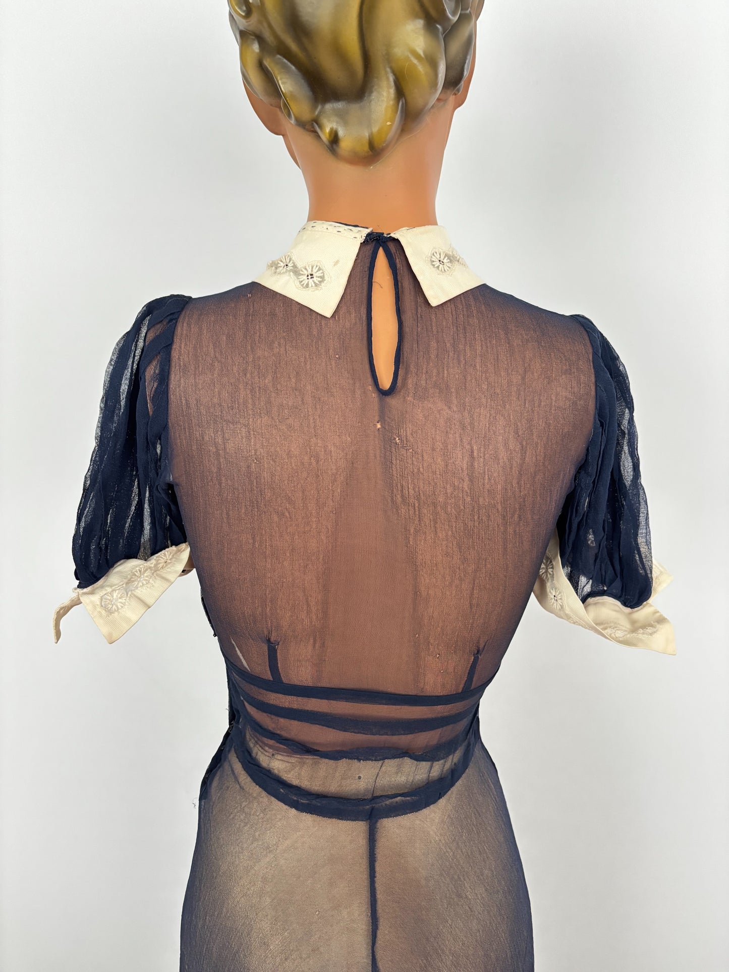 XXS | 1920s 30s Navy Blue Sheer Organza Dress With White Collar And Cuffs