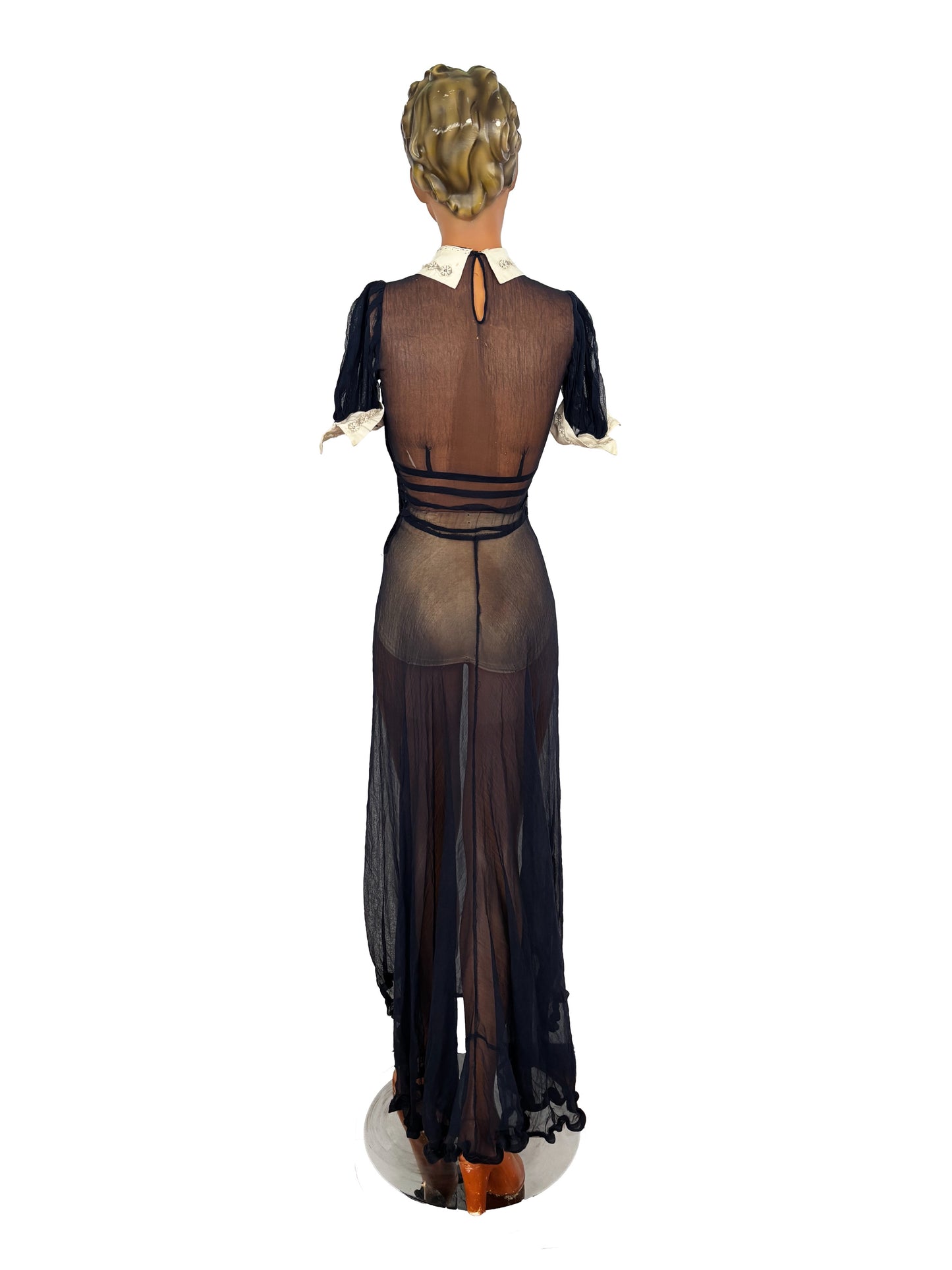 XXS | 1920s 30s Navy Blue Sheer Organza Dress With White Collar And Cuffs