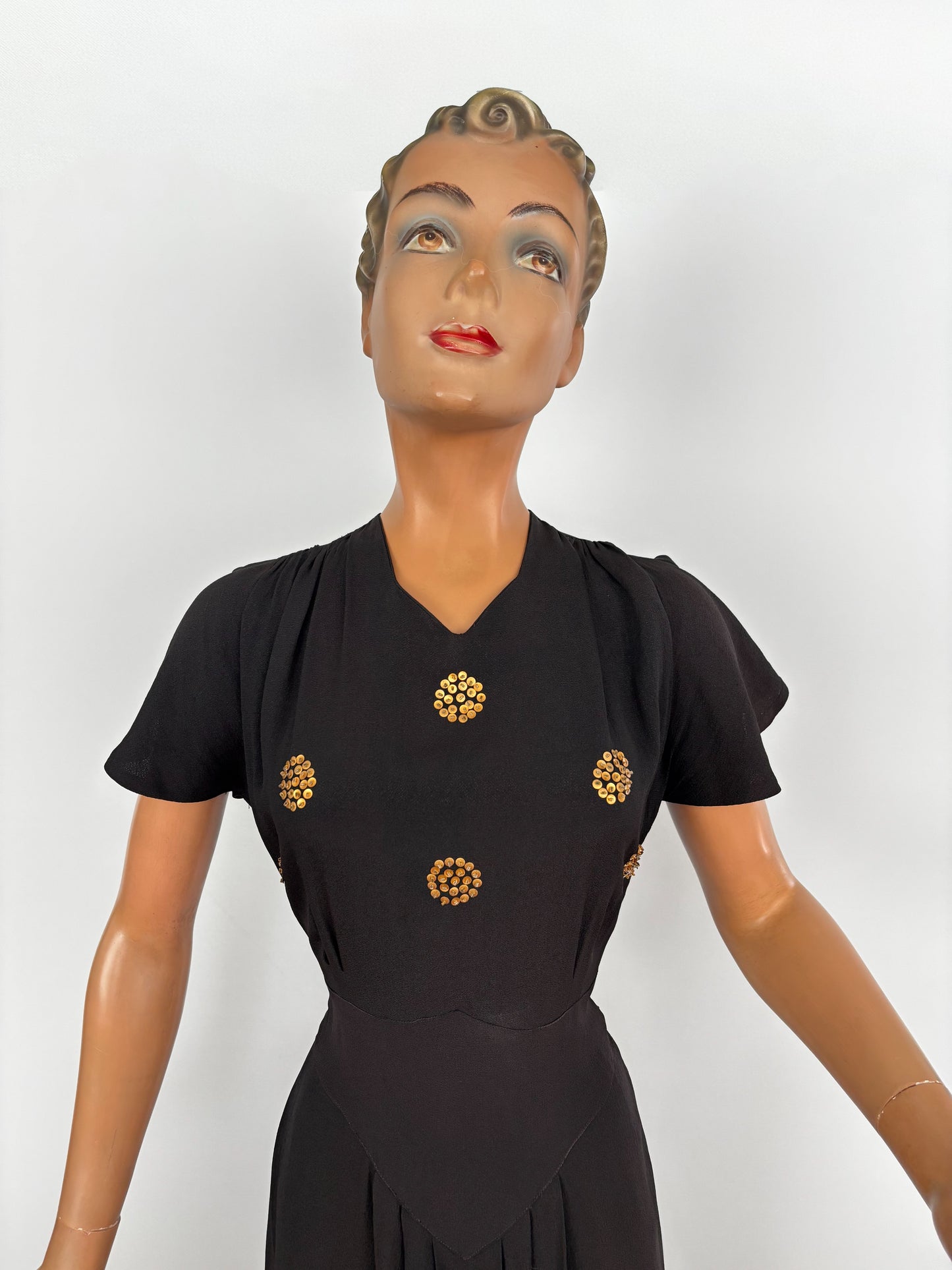 S | 1940s Black Crepe Dress With Gold Sequin Bodice and Cape Sleeves