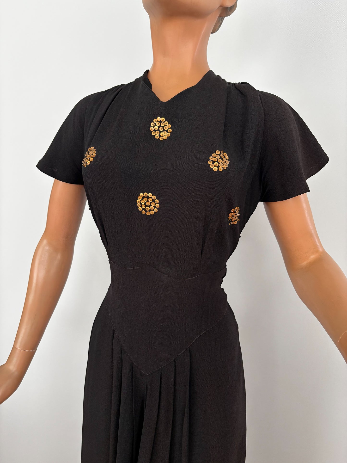 S | 1940s Black Crepe Dress With Gold Sequin Bodice and Cape Sleeves