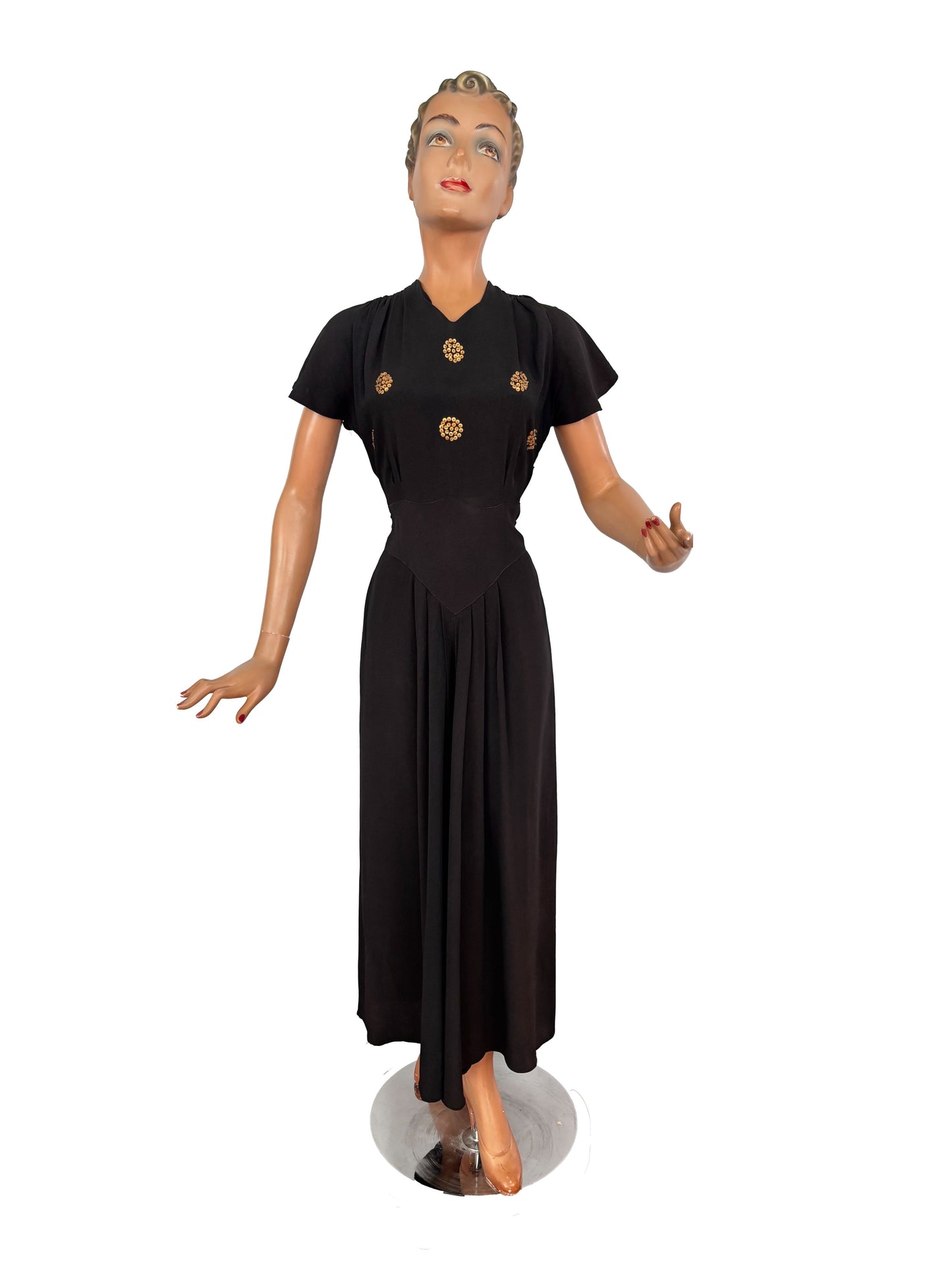 S | 1940s Black Crepe Dress With Gold Sequin Bodice and Cape Sleeves