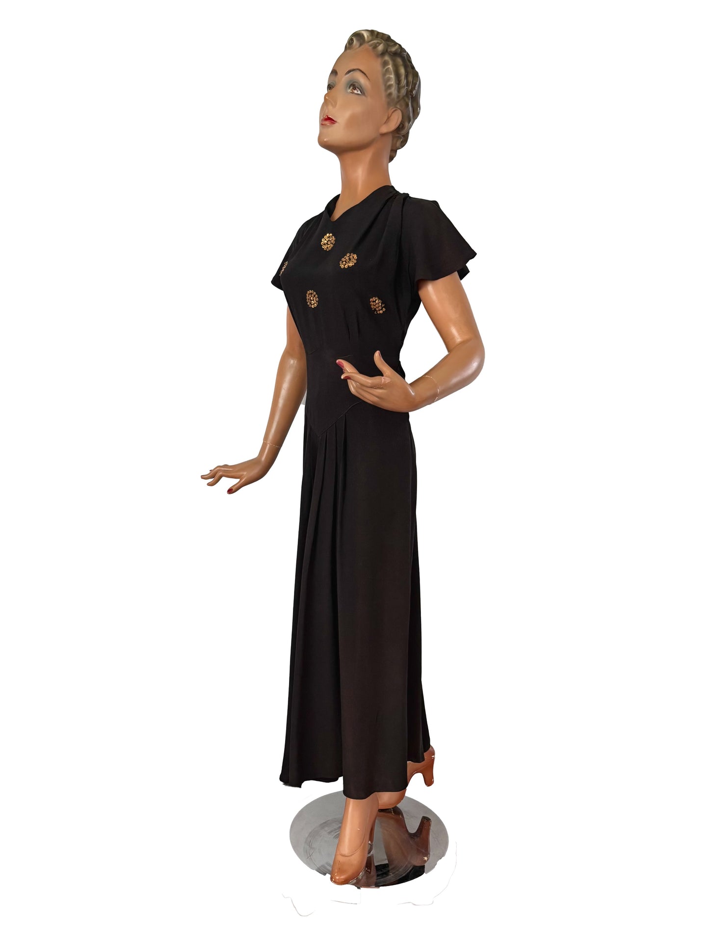 S | 1940s Black Crepe Dress With Gold Sequin Bodice and Cape Sleeves