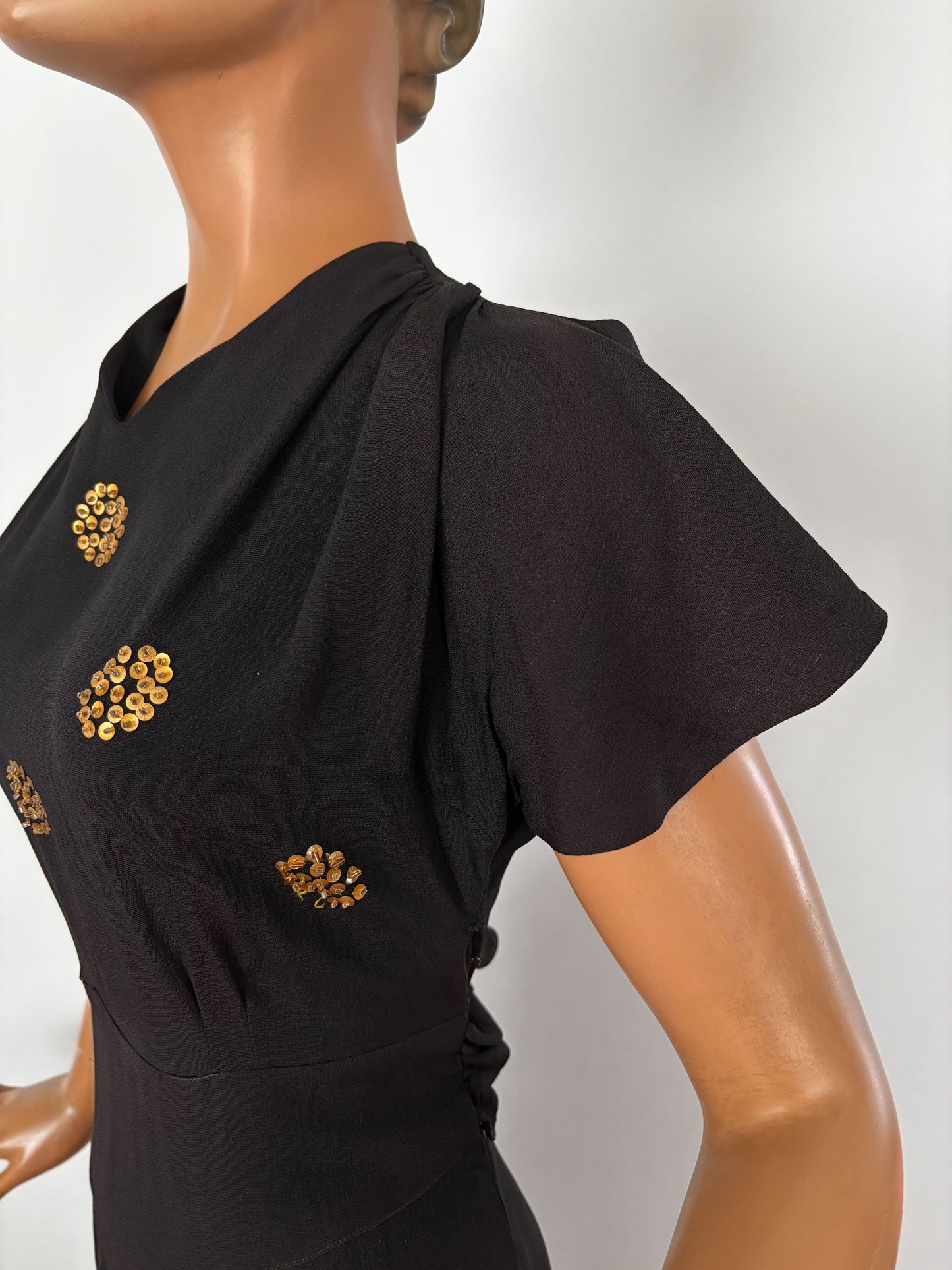S | 1940s Black Crepe Dress With Gold Sequin Bodice and Cape Sleeves
