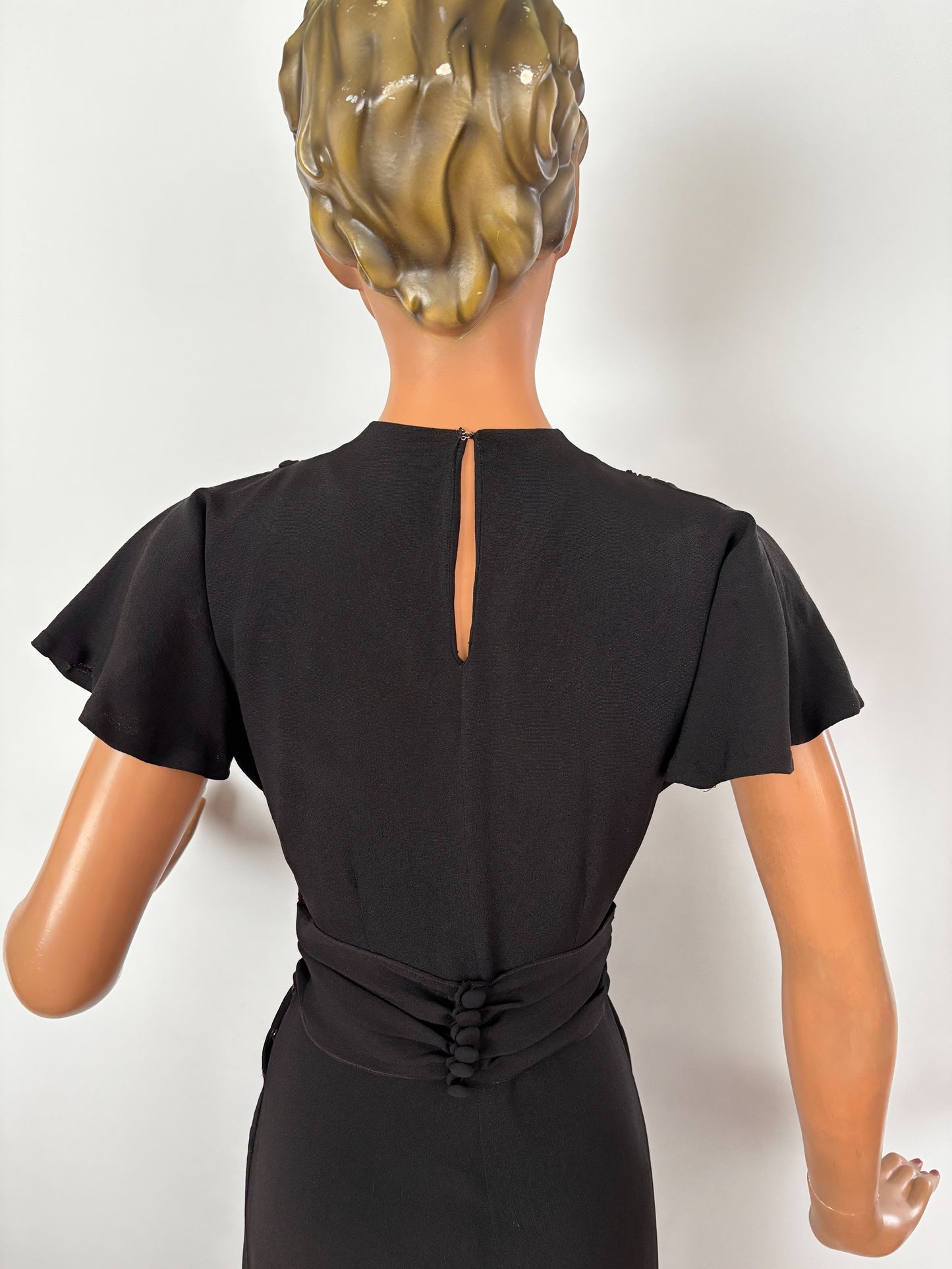S | 1940s Black Crepe Dress With Gold Sequin Bodice and Cape Sleeves