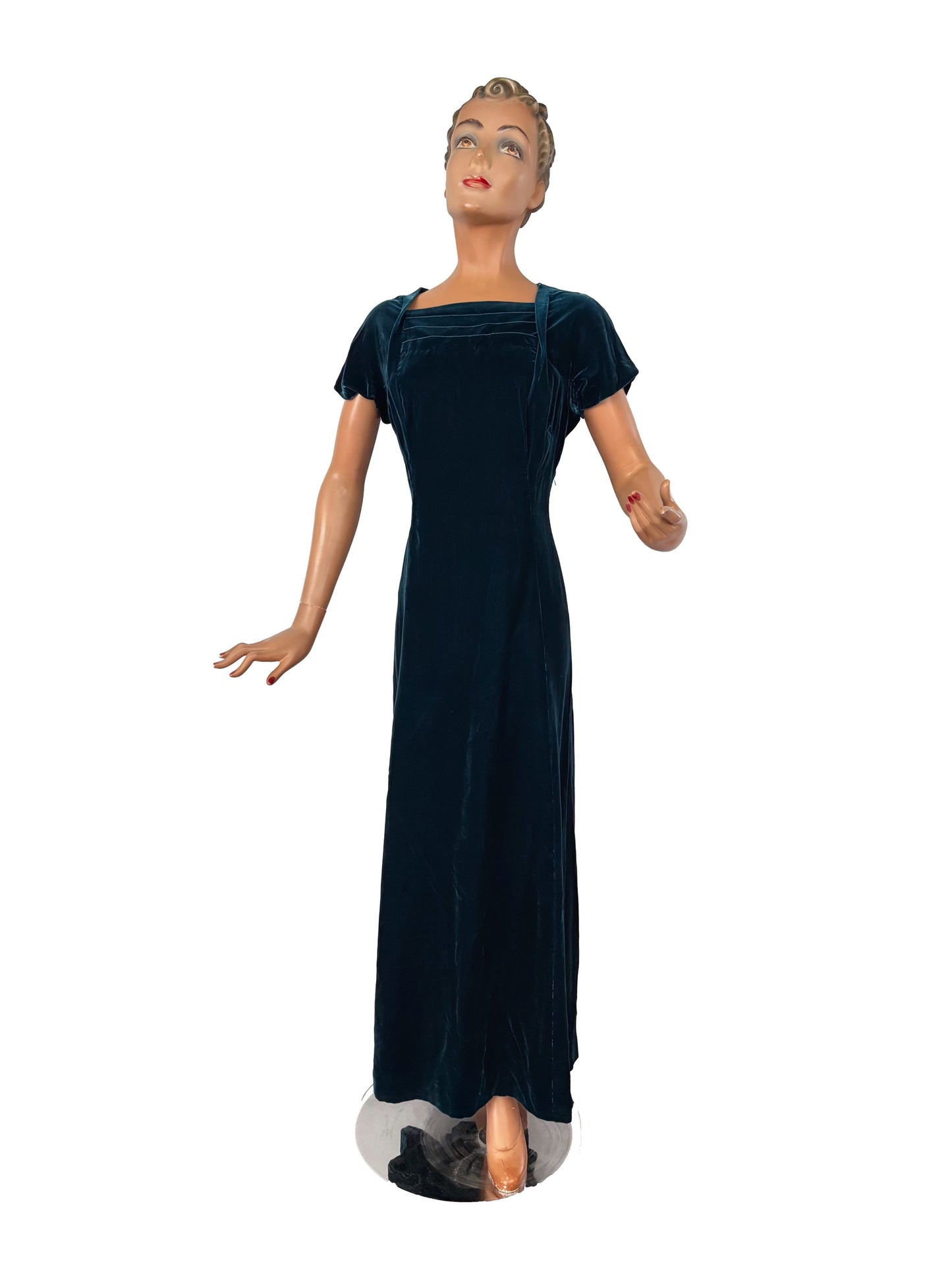 L/XL | 1940s Petrol Velvet Ankle Length Evening Dress