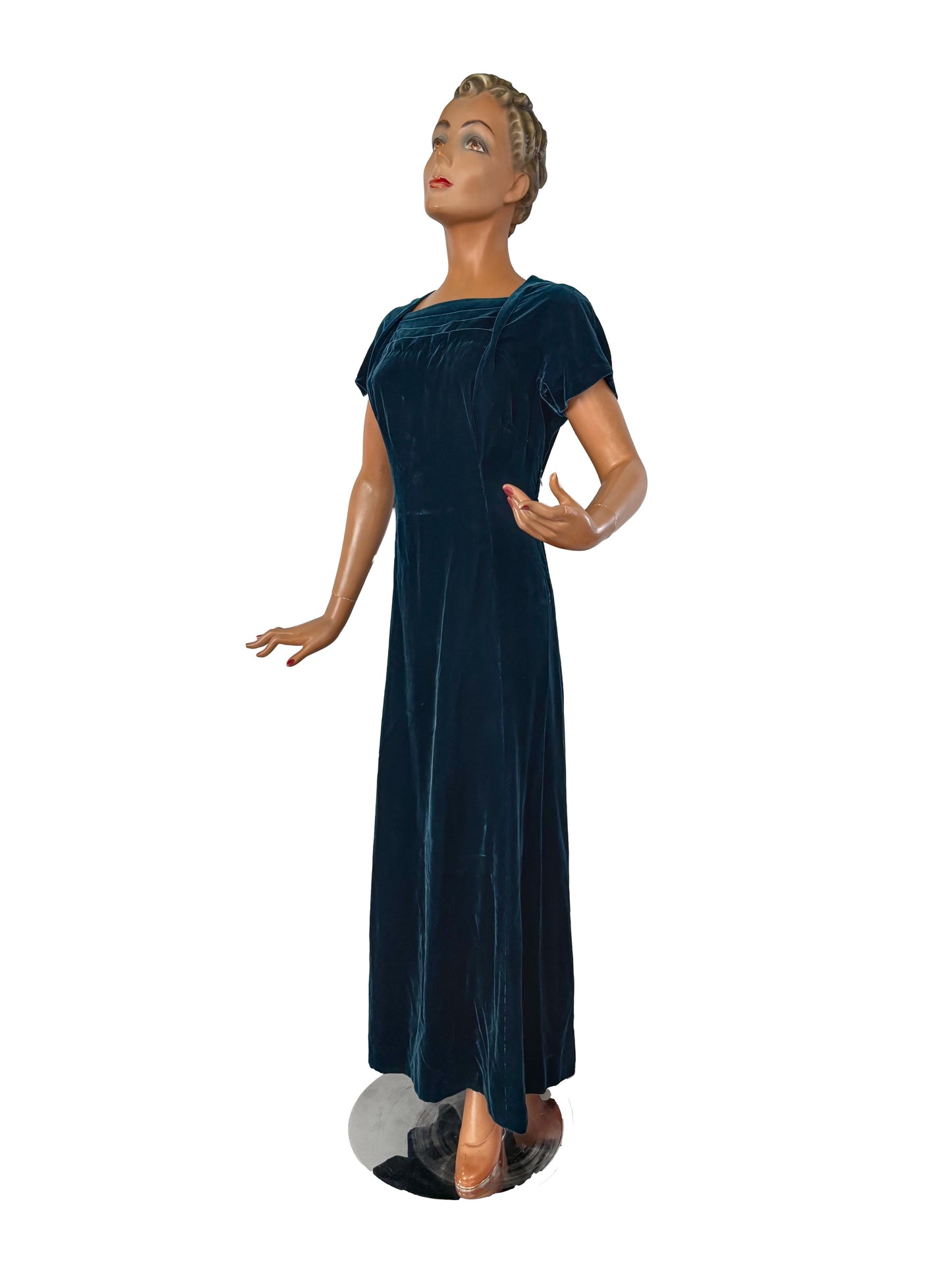 L/XL | 1940s Petrol Velvet Ankle Length Evening Dress