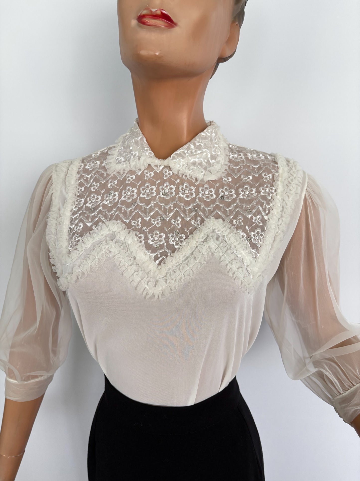 S/M | 1950s 1960s Mark Lee Original Sheer Blouse with Embroidery And Rhinestones