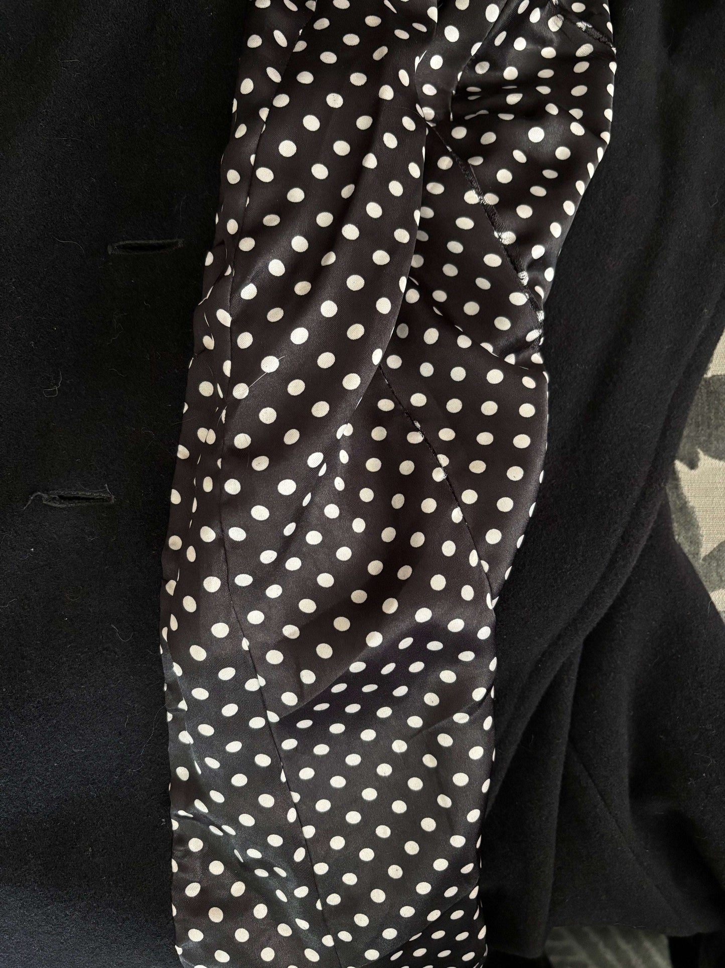 3XL | 1940s Style Black Wool Coat With Polka Dot Lining Lily Scarlet