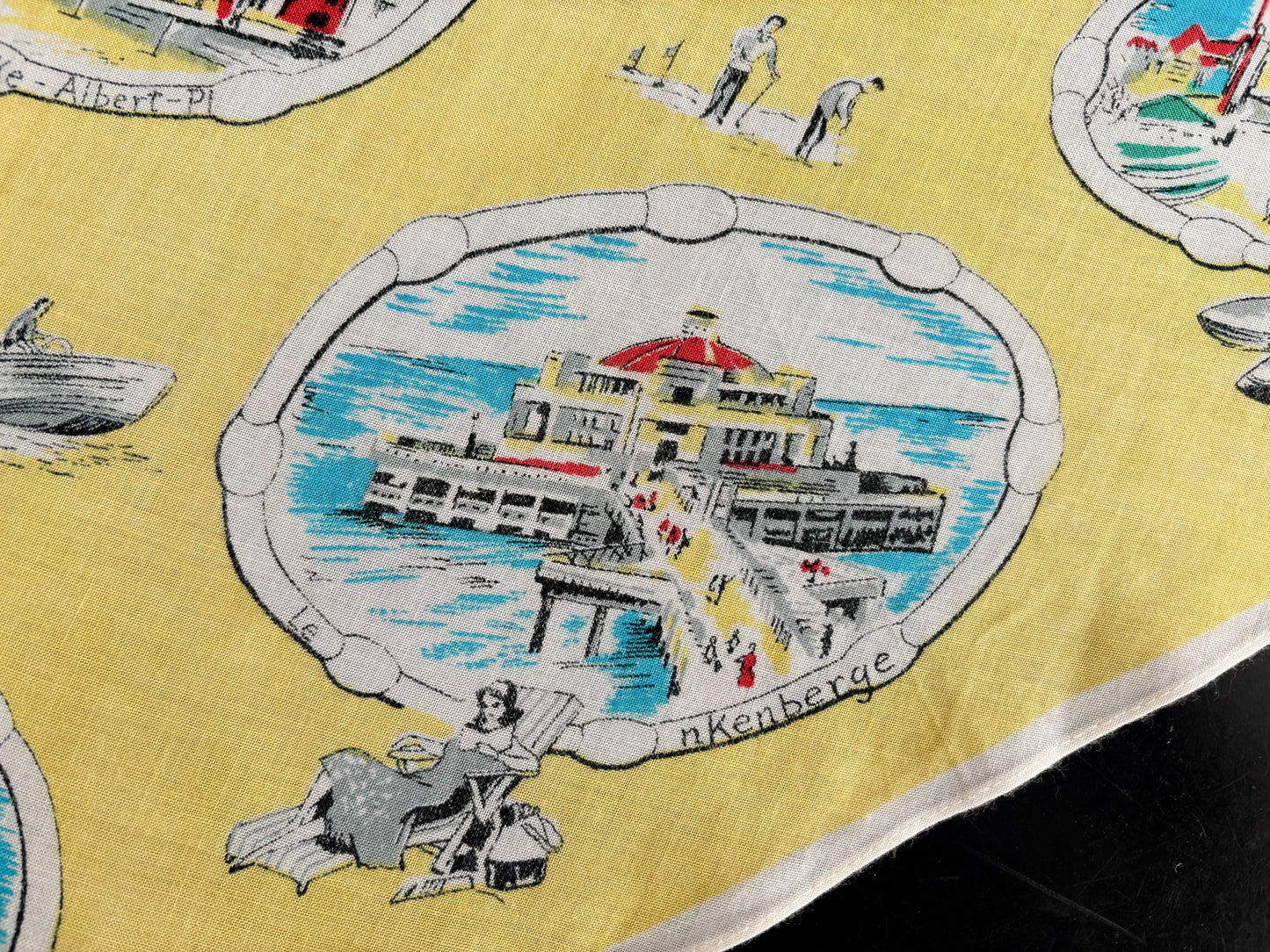 Vintage 1950s Belgium Seaside Triangular Tourist Scarf Yellow