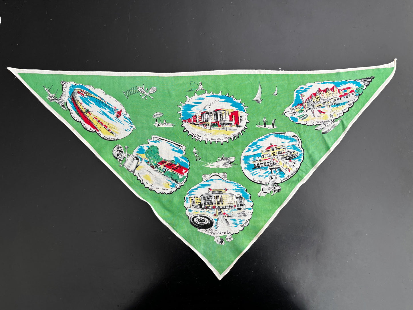 Vintage 1950s Belgium Seaside Triangular Tourist Scarf Green
