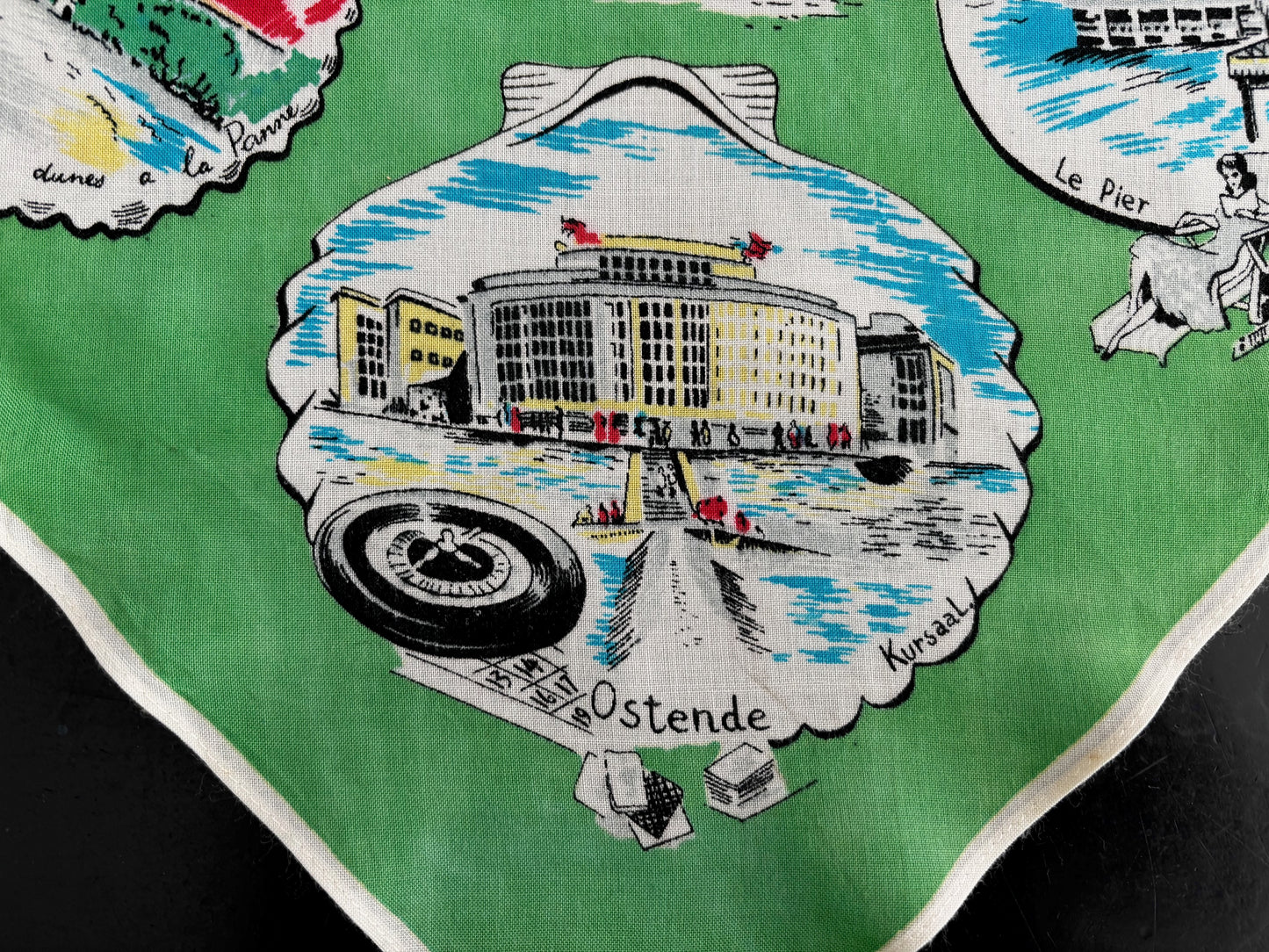 Vintage 1950s Belgium Seaside Triangular Tourist Scarf Green