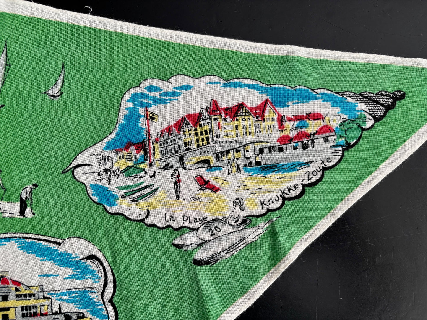 Vintage 1950s Belgium Seaside Triangular Tourist Scarf Green