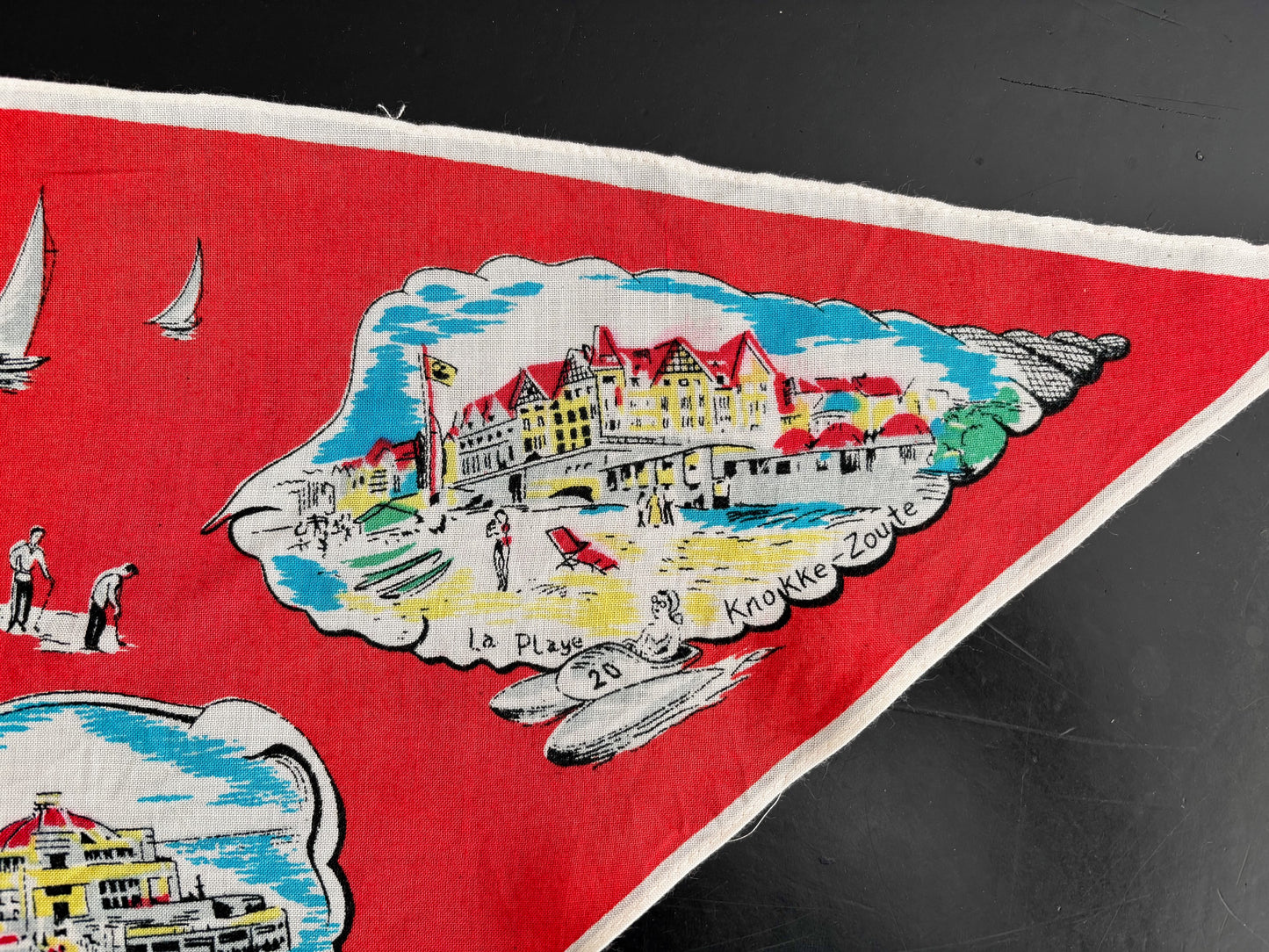 Vintage 1950s Belgium Seaside Triangular Tourist Scarf Red