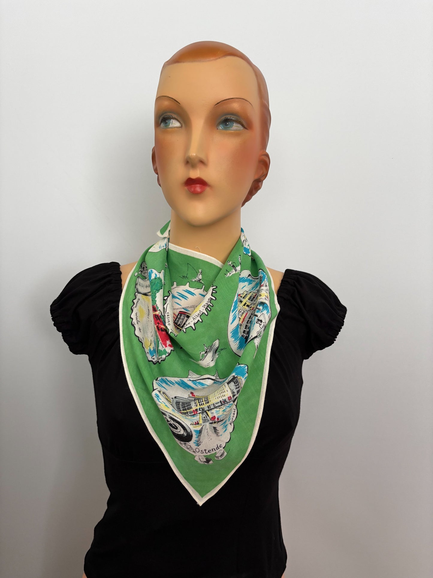 Vintage 1950s Belgium Seaside Triangular Tourist Scarf Green