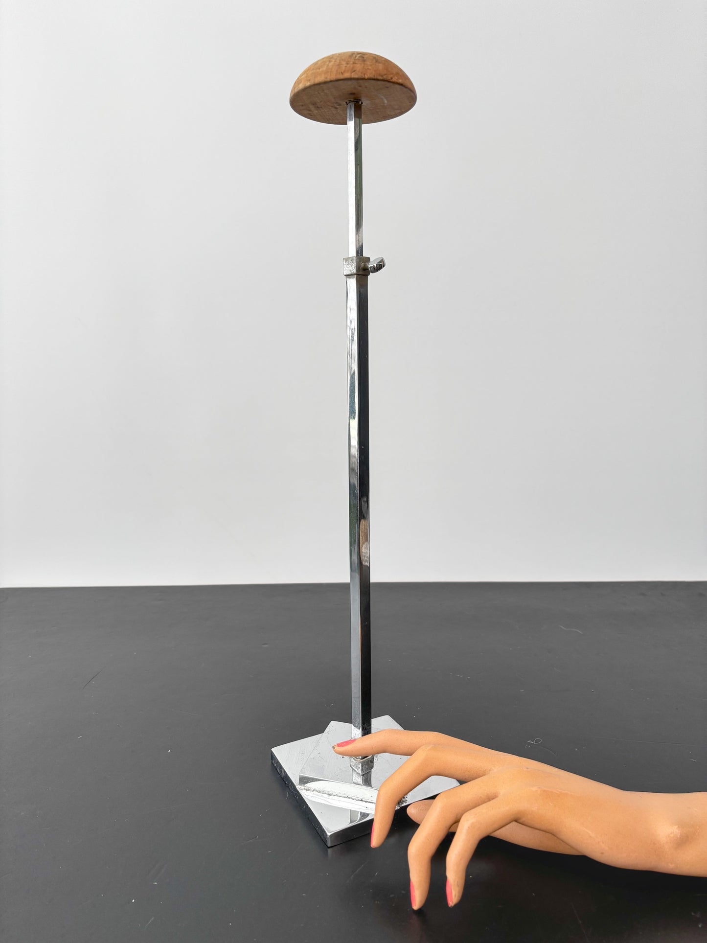 Art Deco Metal Hat Stand With Wooden Top, Adjustable 36–62 cm / 14–24.5"