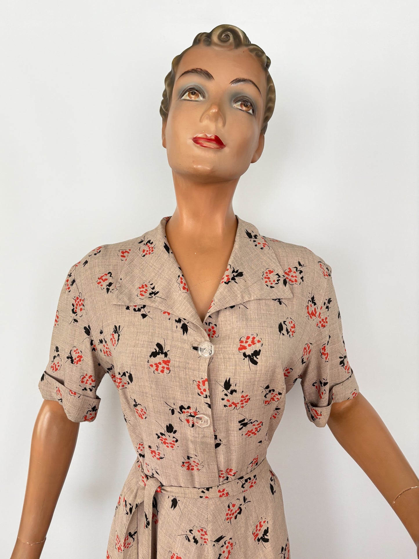 XL | 1940s Rayon Day Dress With Floral Print