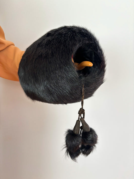 1940s Black Mink Fur Muff With Pompons