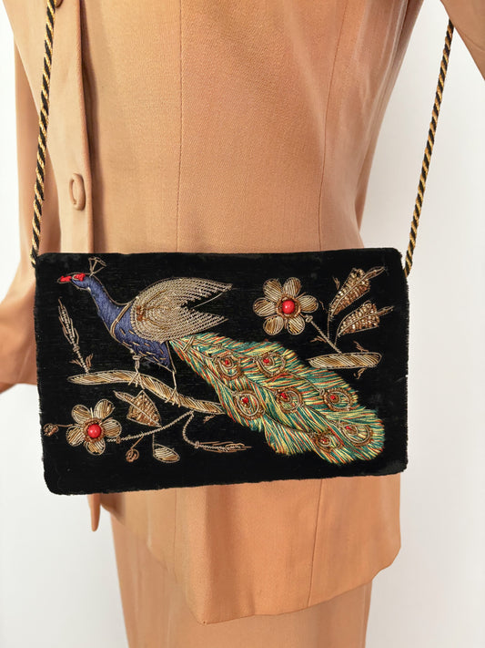 Vintage Black Velvet Evening Bag With Peacock Embroidery