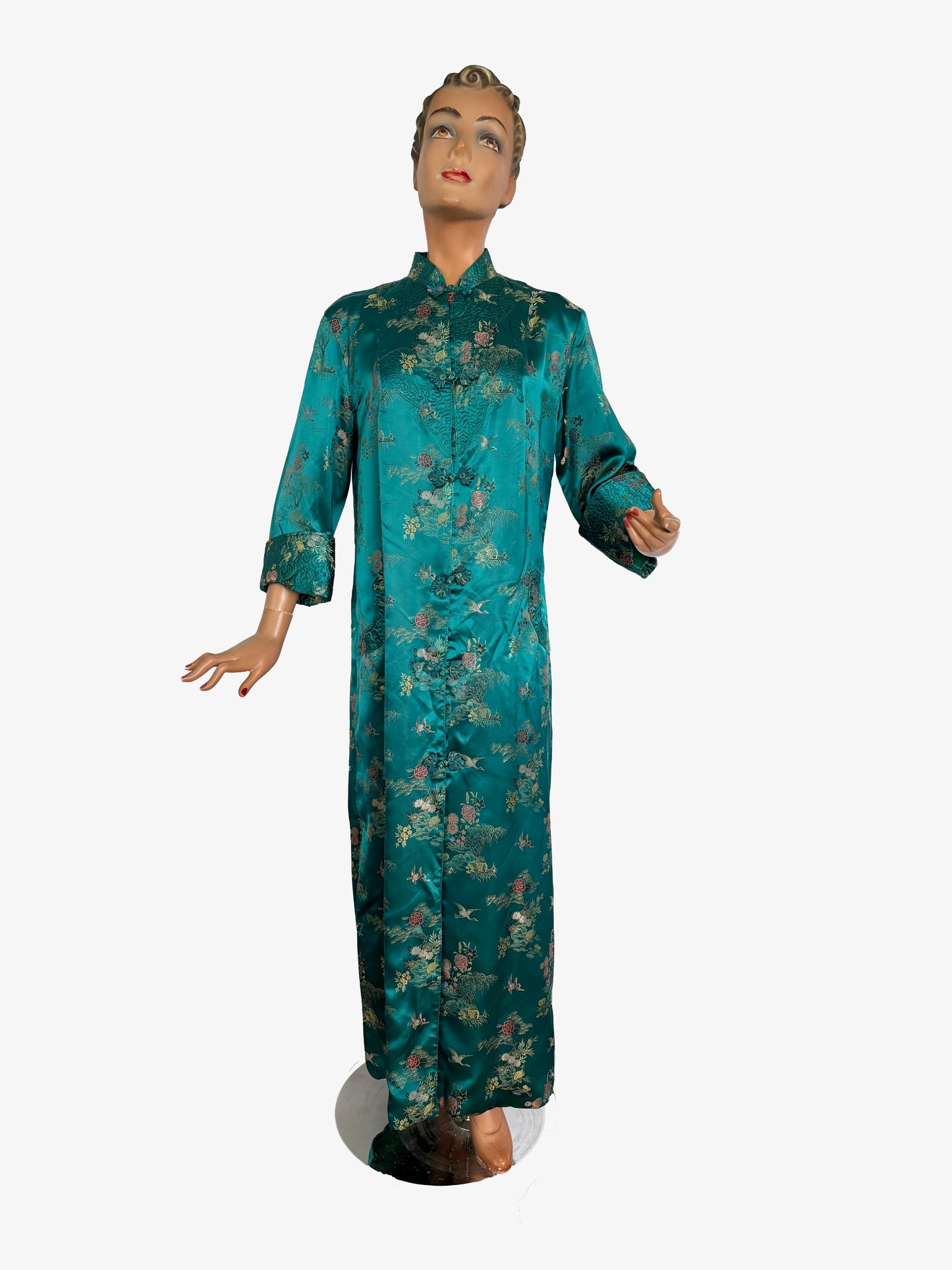 L/XL | 1950s Teal Green Satin Brocade Hostess Dress With Frog Closures