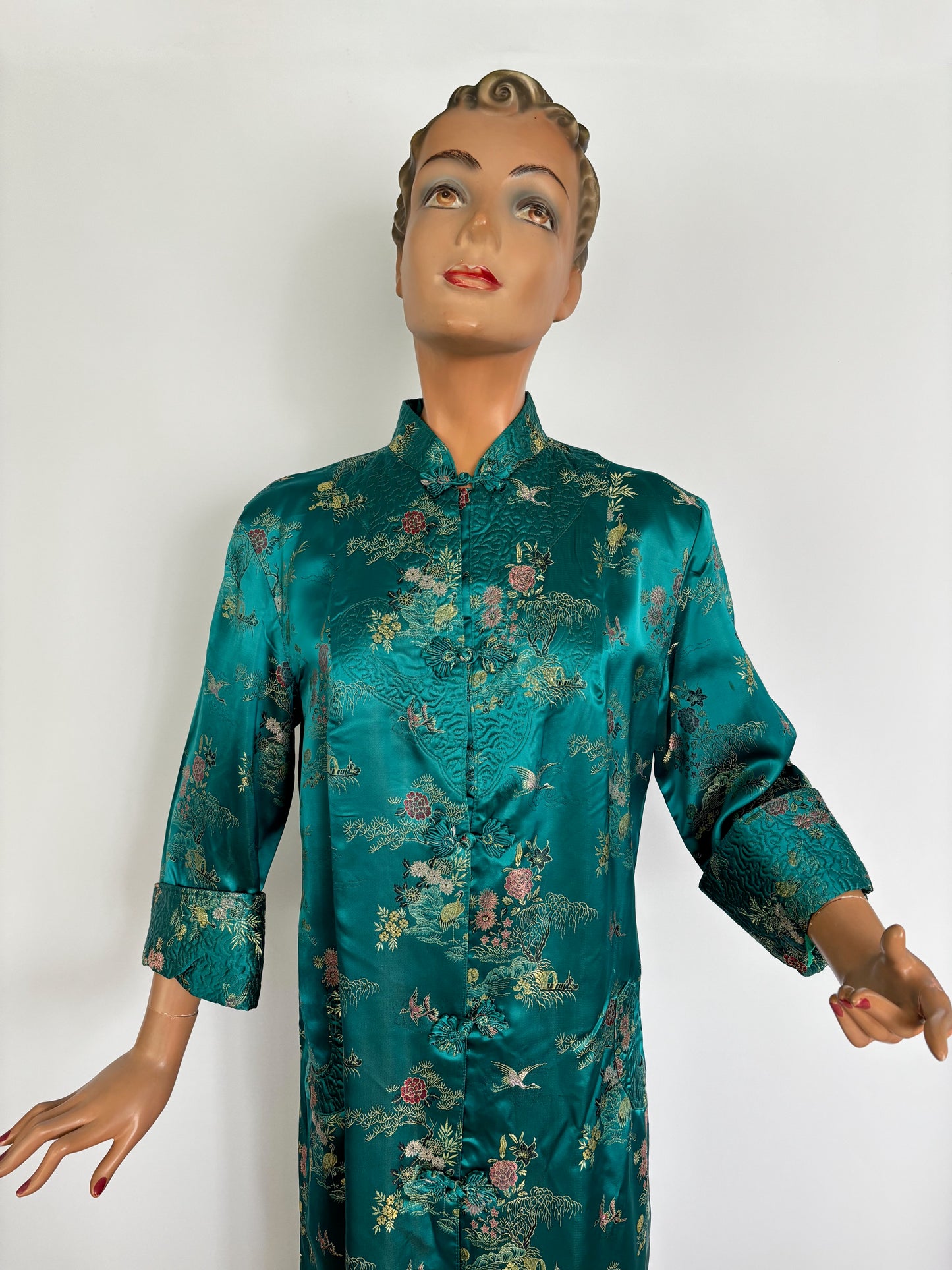 L/XL | 1950s Teal Green Satin Brocade Hostess Dress With Frog Closures