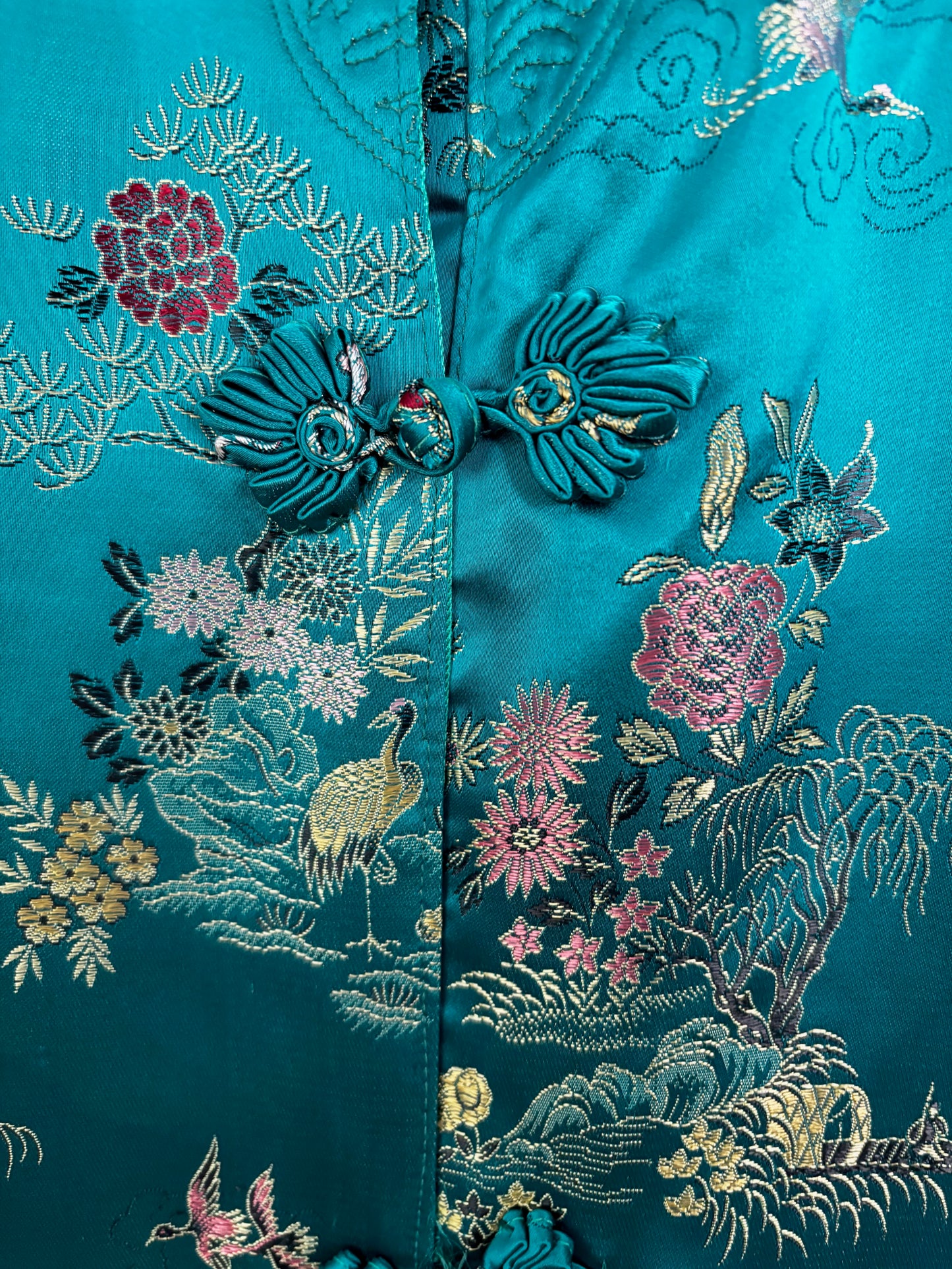 L/XL | 1950s Teal Green Satin Brocade Hostess Dress With Frog Closures