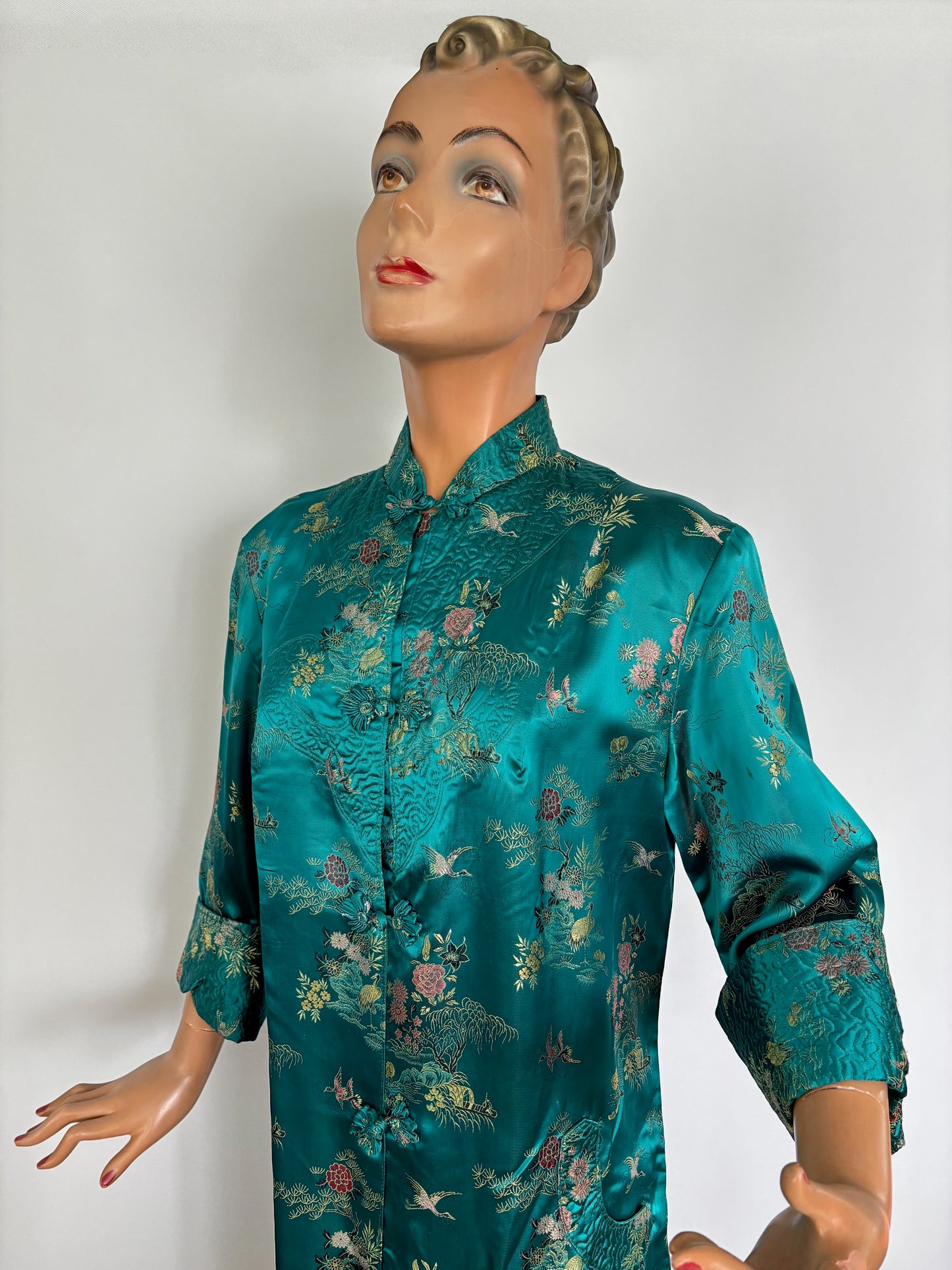 L/XL | 1950s Teal Green Satin Brocade Hostess Dress With Frog Closures