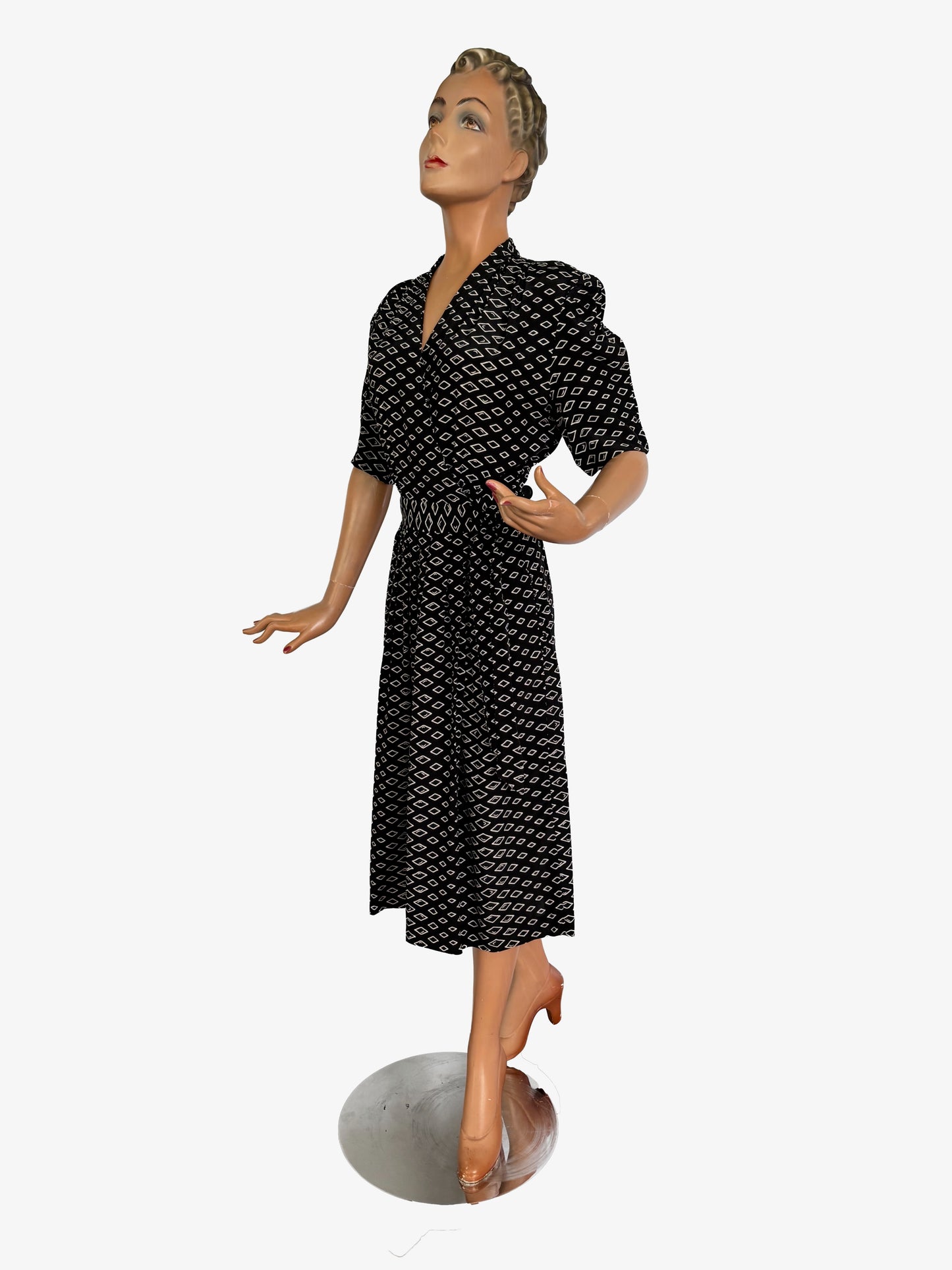 L | 1940s Style Black and White Wrap Dress With Diamond Print