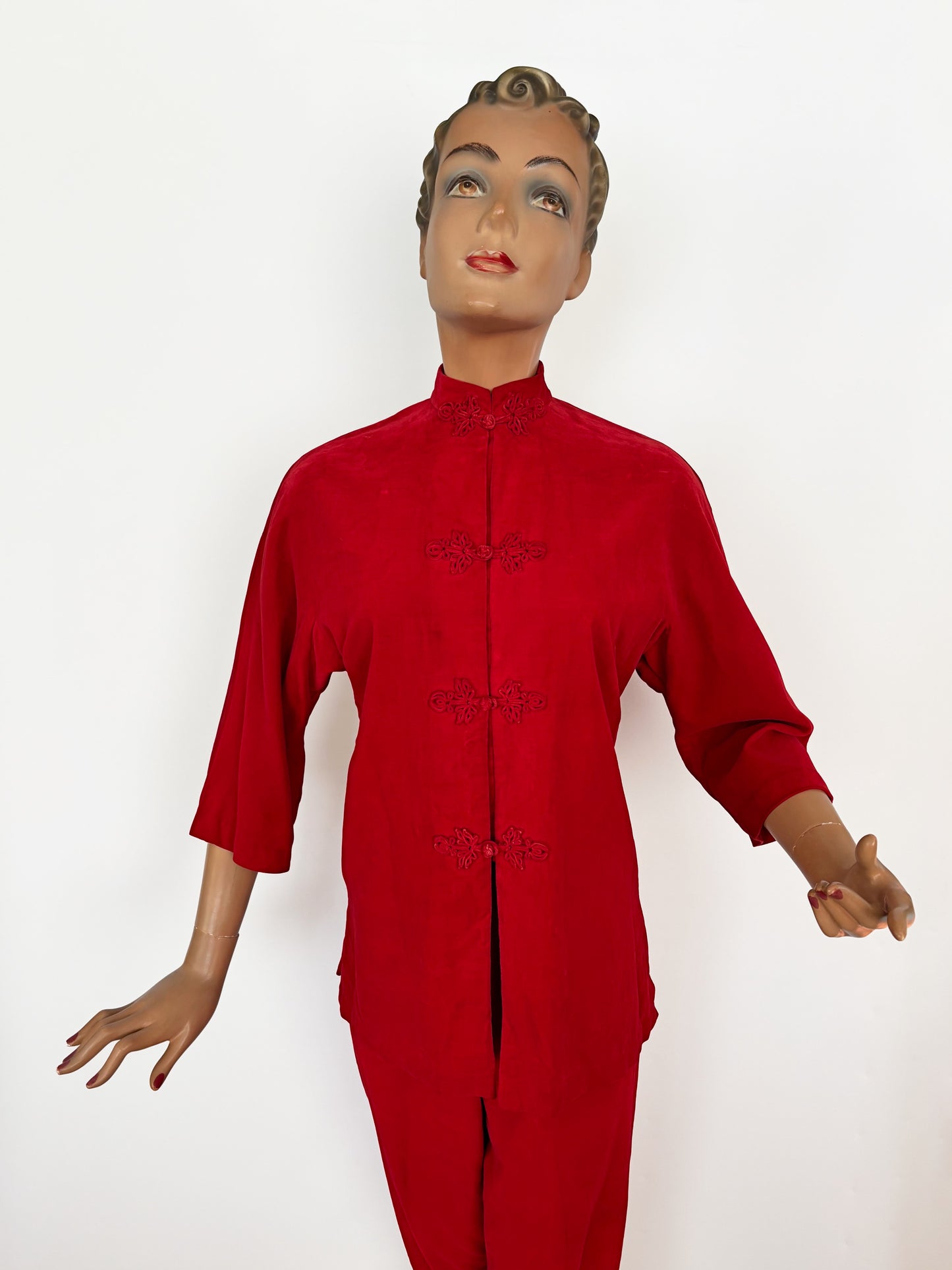 XS/S | 1950s/60s Dynasty Red Velvet Cheongsam Style Pants Set Made For Bullock’s