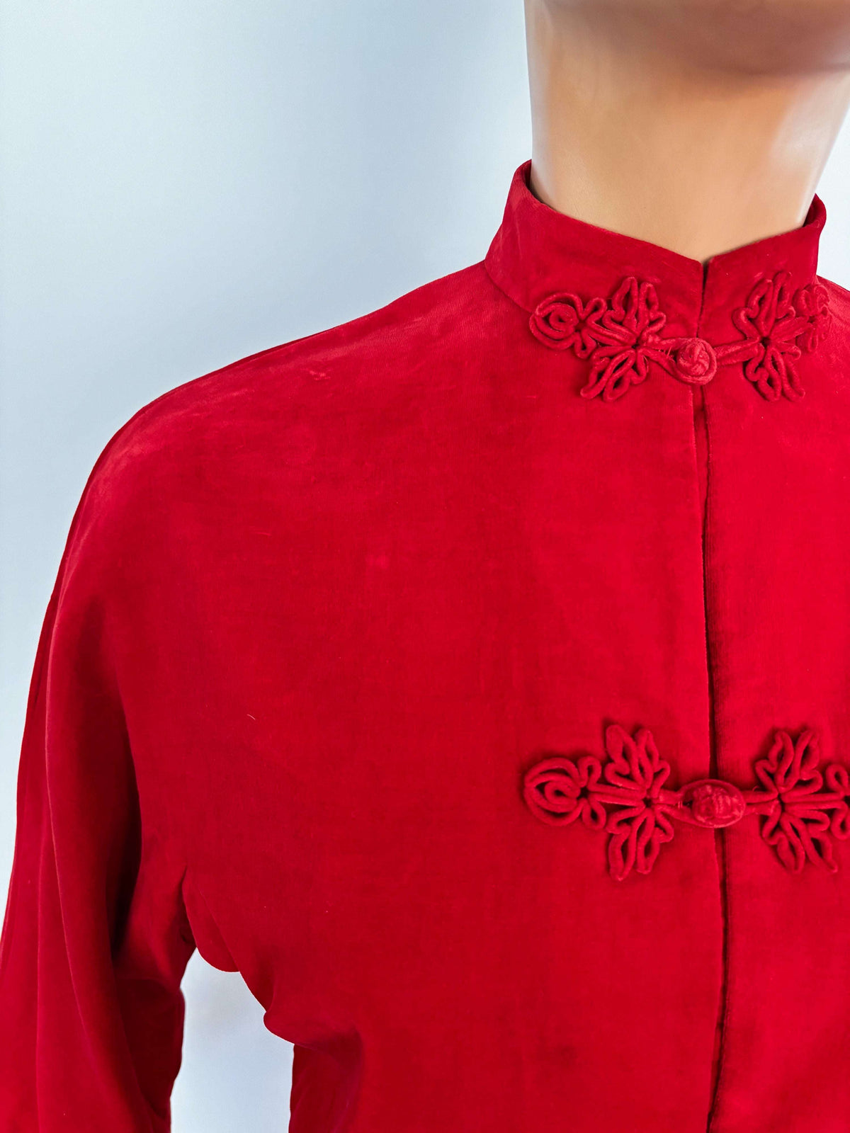 XS/S | 1950s/60s Dynasty Red Velvet Cheongsam Style Pants Set Made For Bullock’s Lily Scarlet