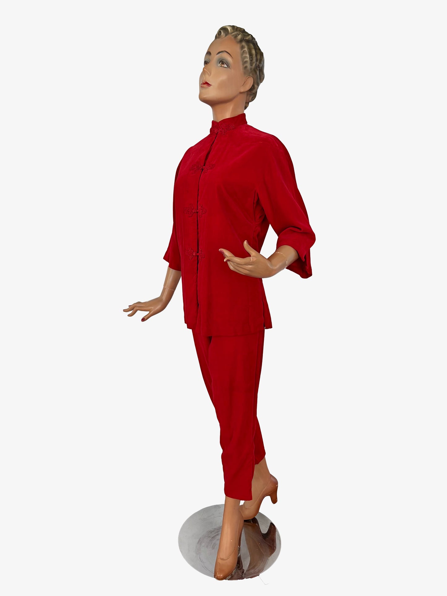 XS/S | 1950s/60s Dynasty Red Velvet Cheongsam Style Pants Set Made For Bullock’s