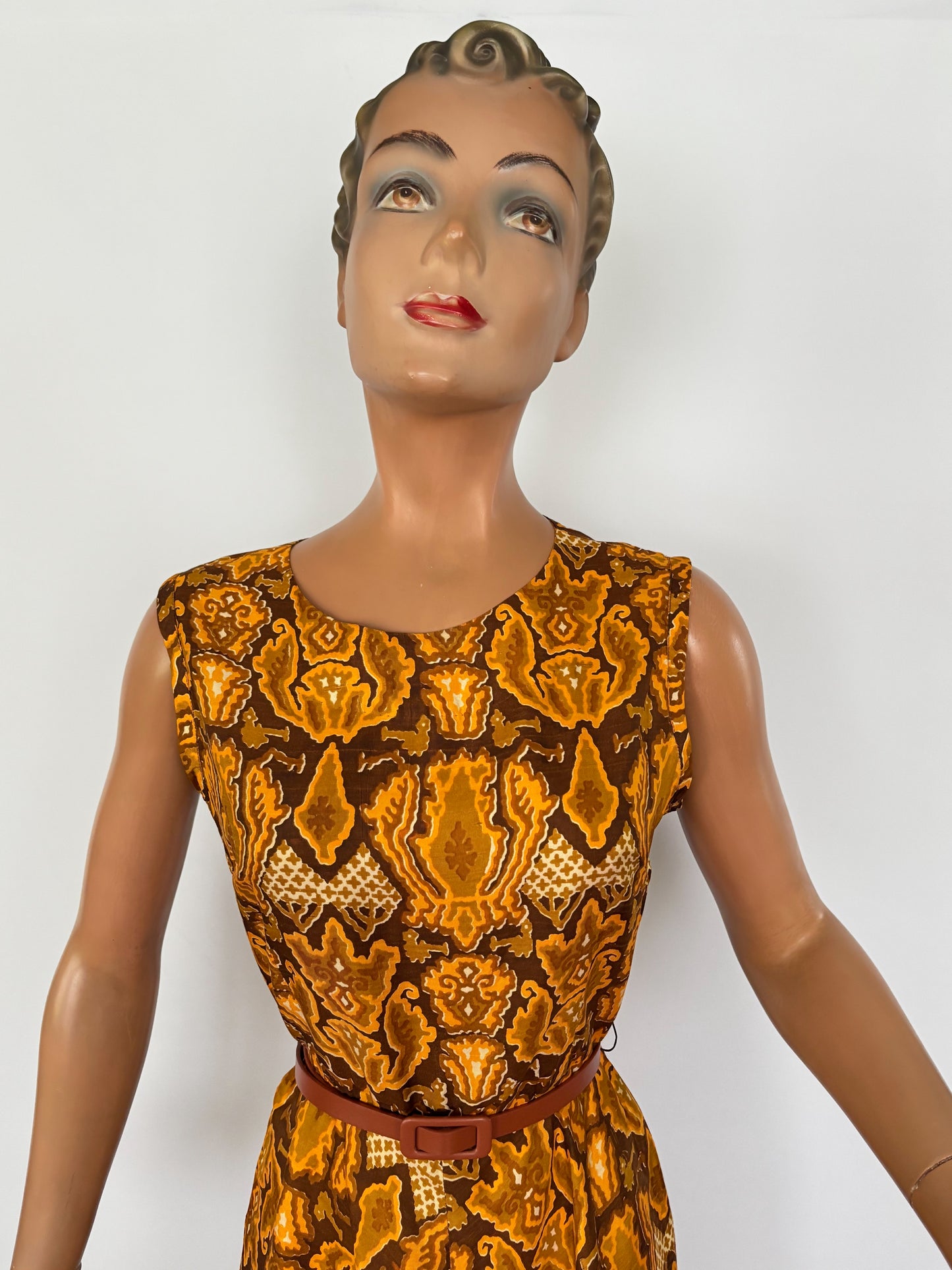 S | 1960s Silk Dress With Batik Style Print