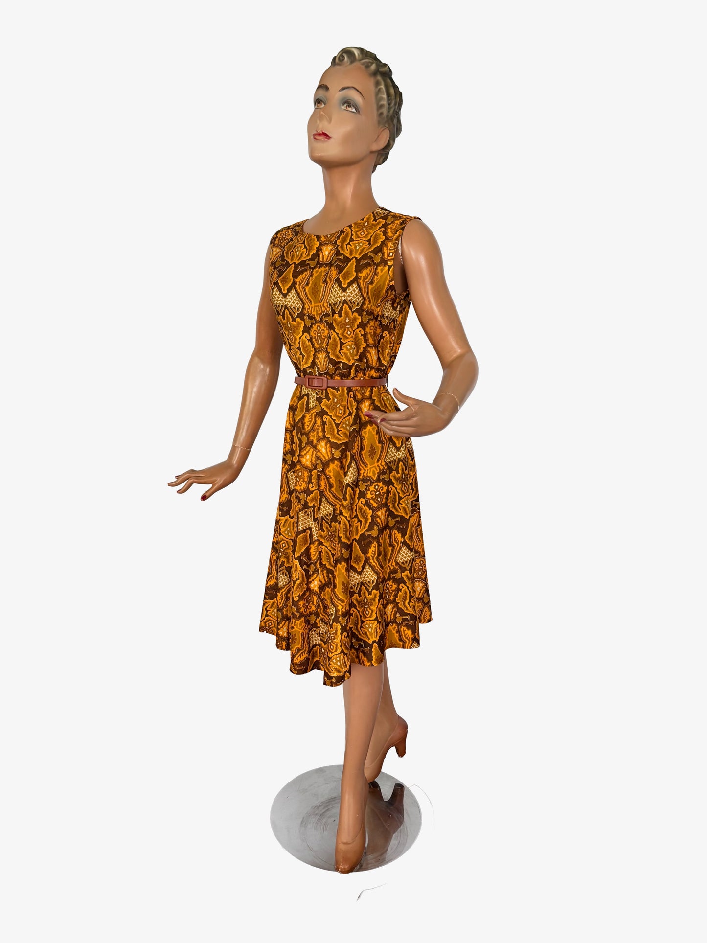 S | 1960s Silk Dress With Batik Style Print