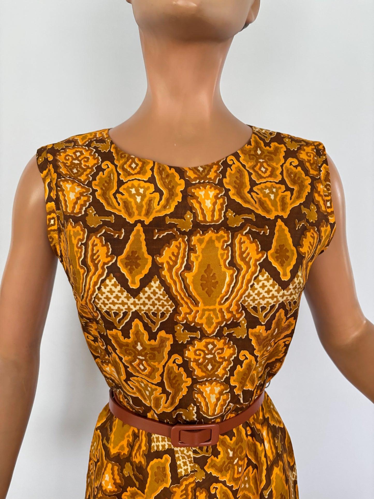 S | 1960s Silk Dress With Batik Style Print