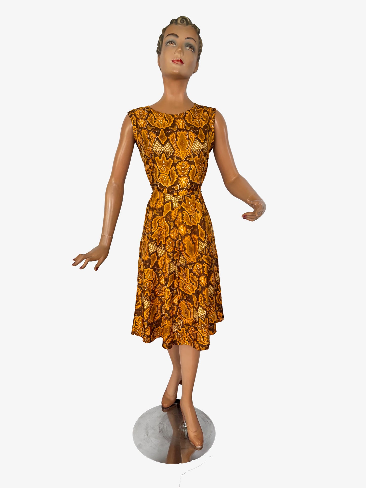 S | 1960s Silk Dress With Batik Style Print