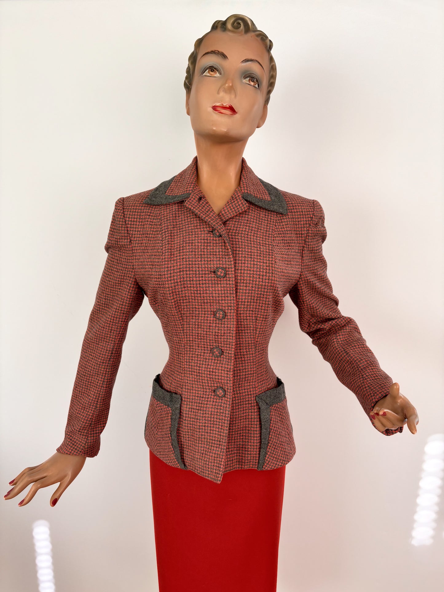 S | 1940s 'Hoot Lass Bonnie' Houndstooth Wool Jacket